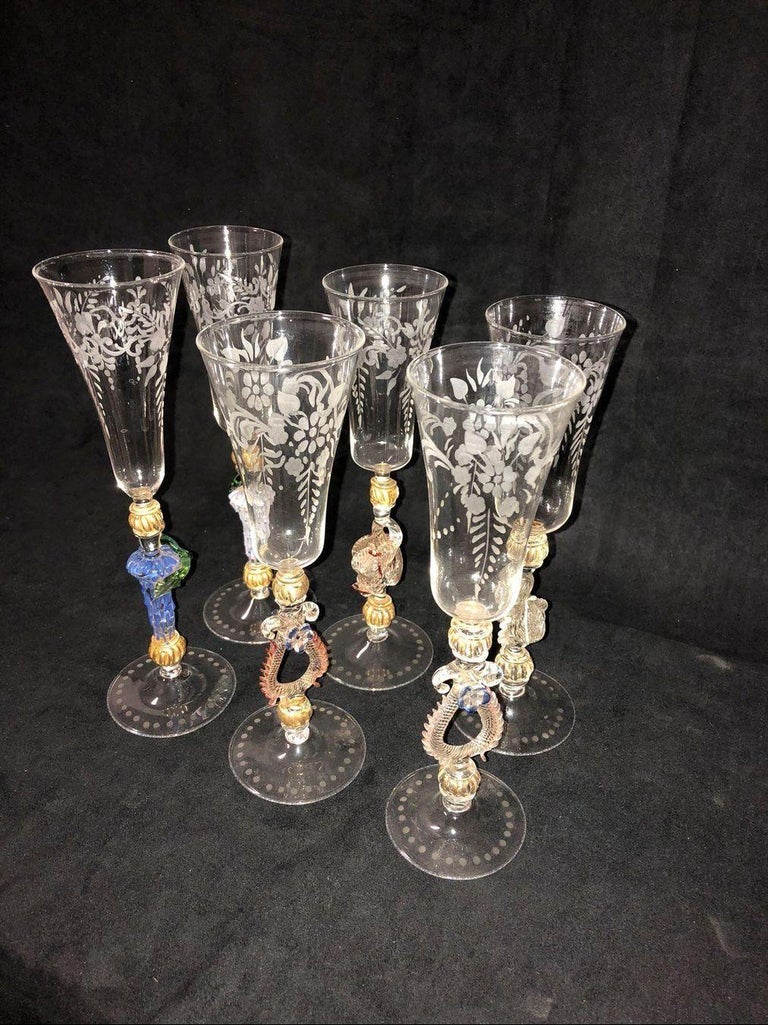 Six Unique Murano Champagne Glasses, Italy, 19th Century For Sale at