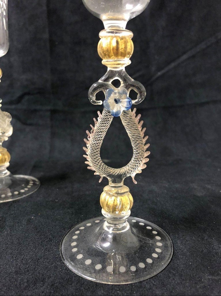 Six Unique Murano Champagne Glasses, Italy, 19th Century For Sale at