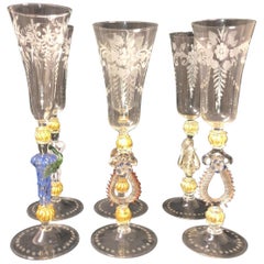 Six Unique Murano Champagne Glasses, Italy, 19th Century