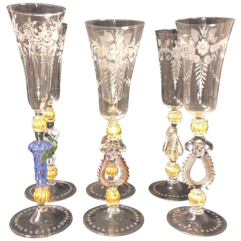 Six Unique Murano Champagne Glasses, Italy, 19th Century For Sale at