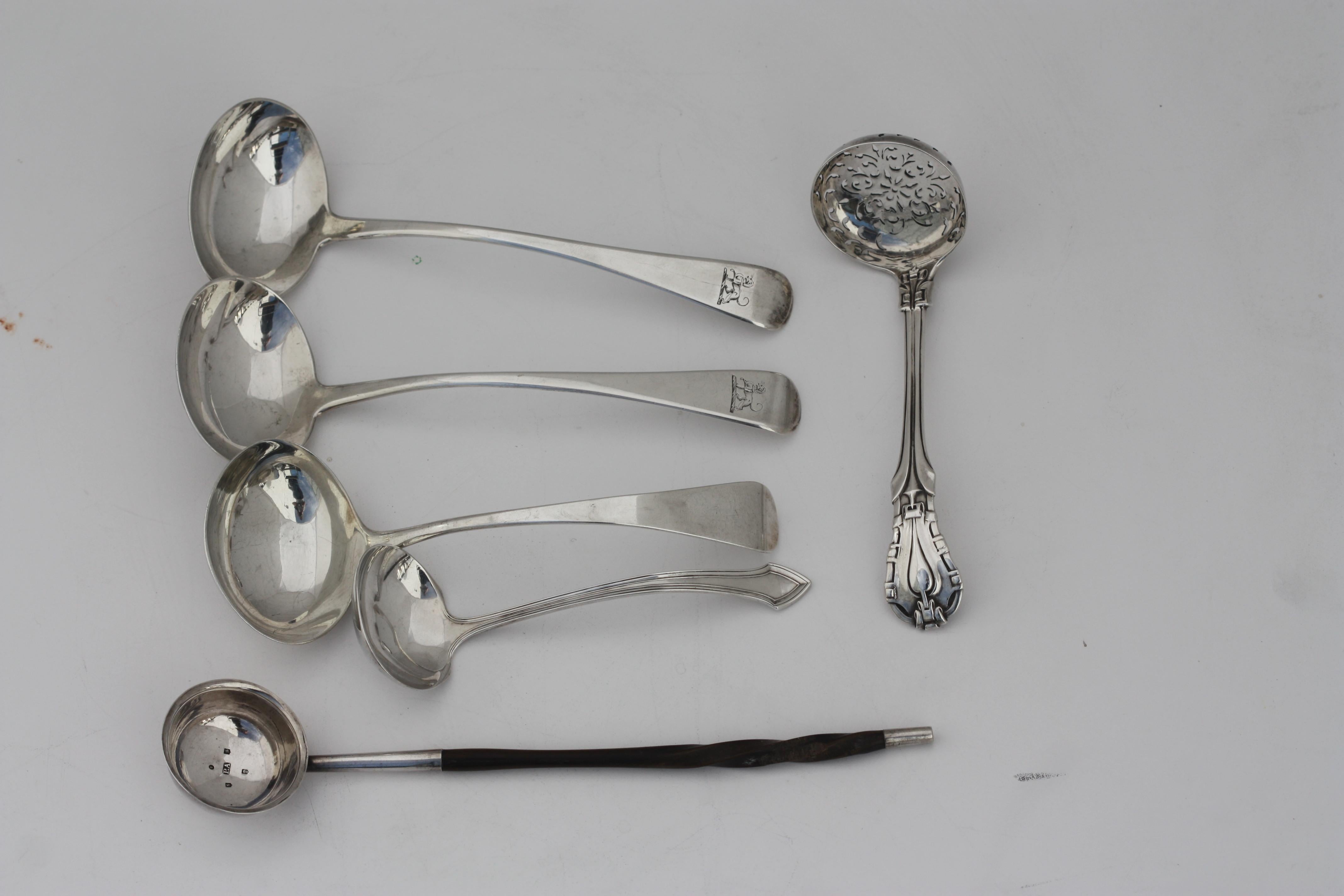 
Six Various Silver Ladles
Comprising, a small American sterling ladle, J.E. Caldwell & Co., with thread borders, a Victorian straining ladle, London, third quarter 19th century, a pair of George III ladles, London, circa 1814, maker GT for George