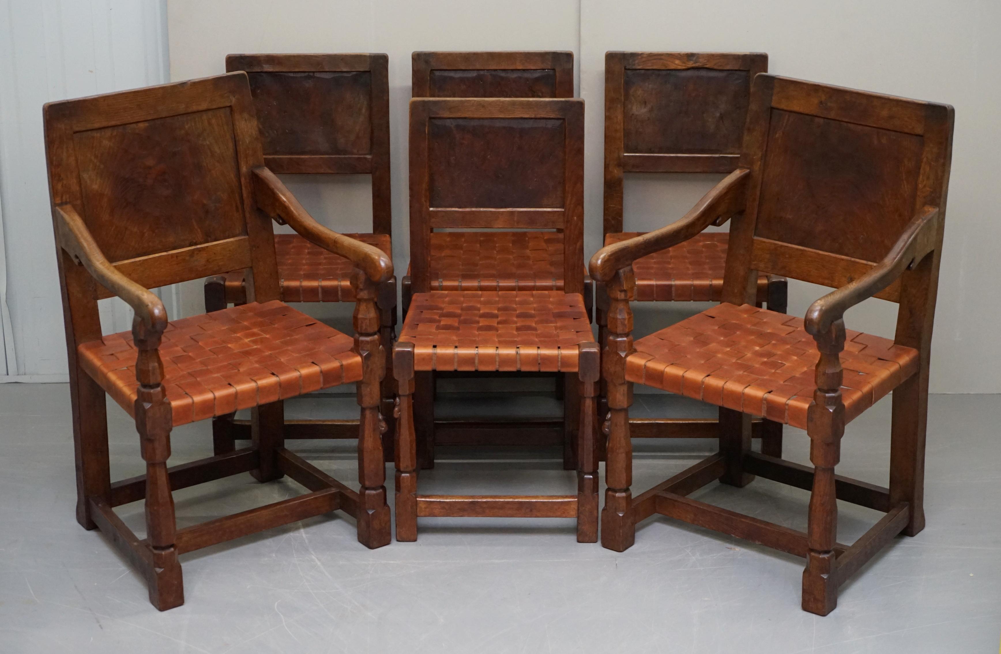 We are delighted to offer for sale this very rare set of six burr oak 1930s Robert Mouseman Thompson dining chairs in fully restored condition

These chairs have been fully restored, all the original woven seats had dried and perished over the