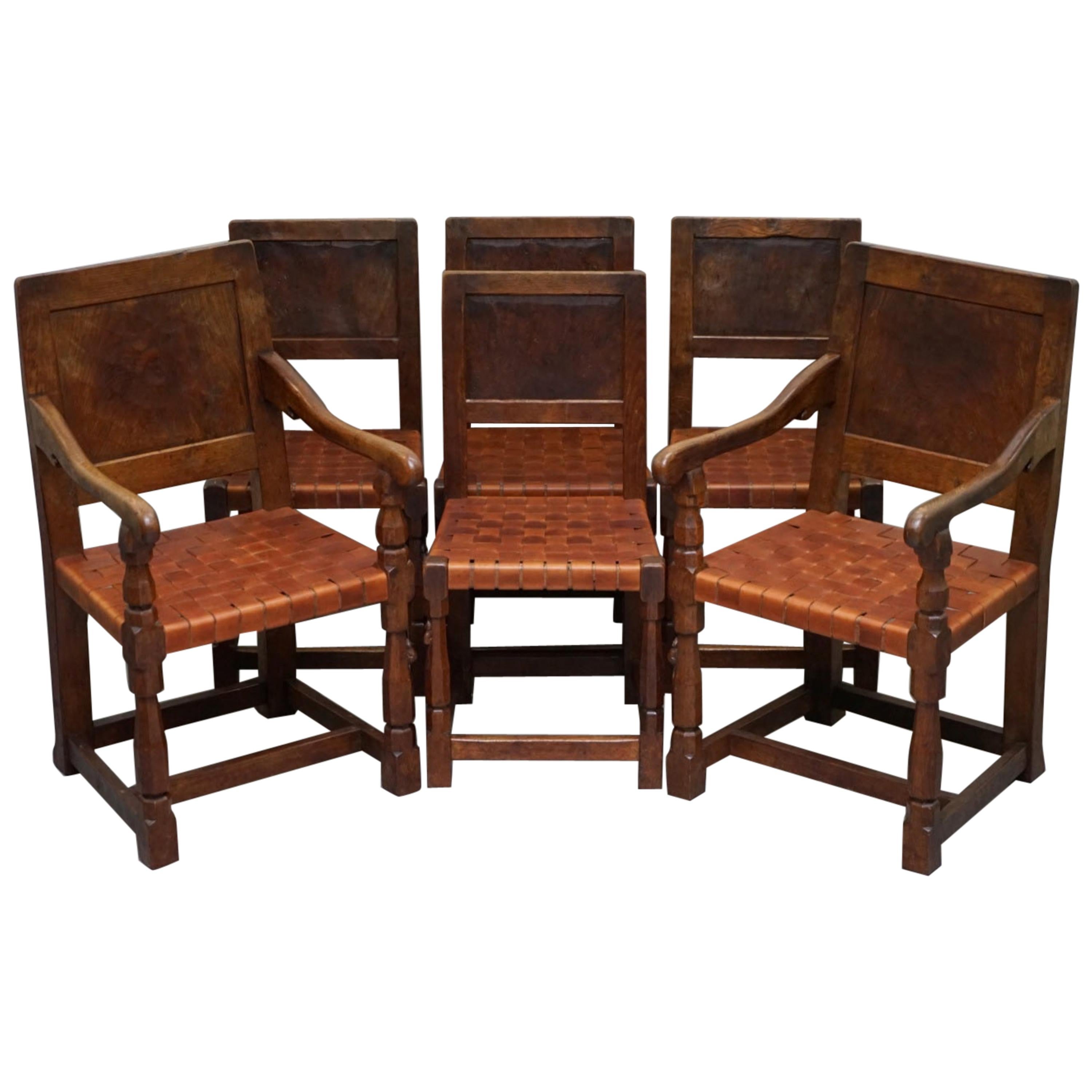 Six Very Rare 1930s Burr Oak Restored Robert Mouseman Thompson Dining Chairs 6 For Sale