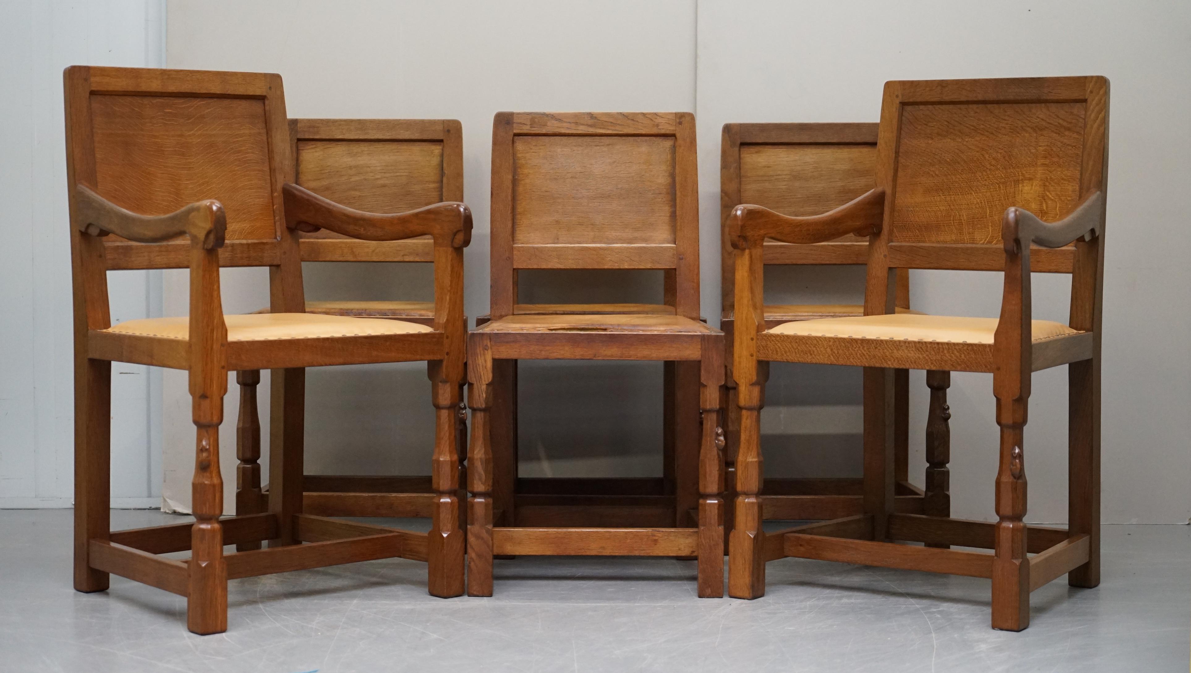 We are delighted to offer for sale this very rare set of six honeycomb oak 1950s Robert Mouseman Thompson dining chairs in restored condition

These chairs have been lightly restored, the frames have been cleaned waxed and polished, checked for