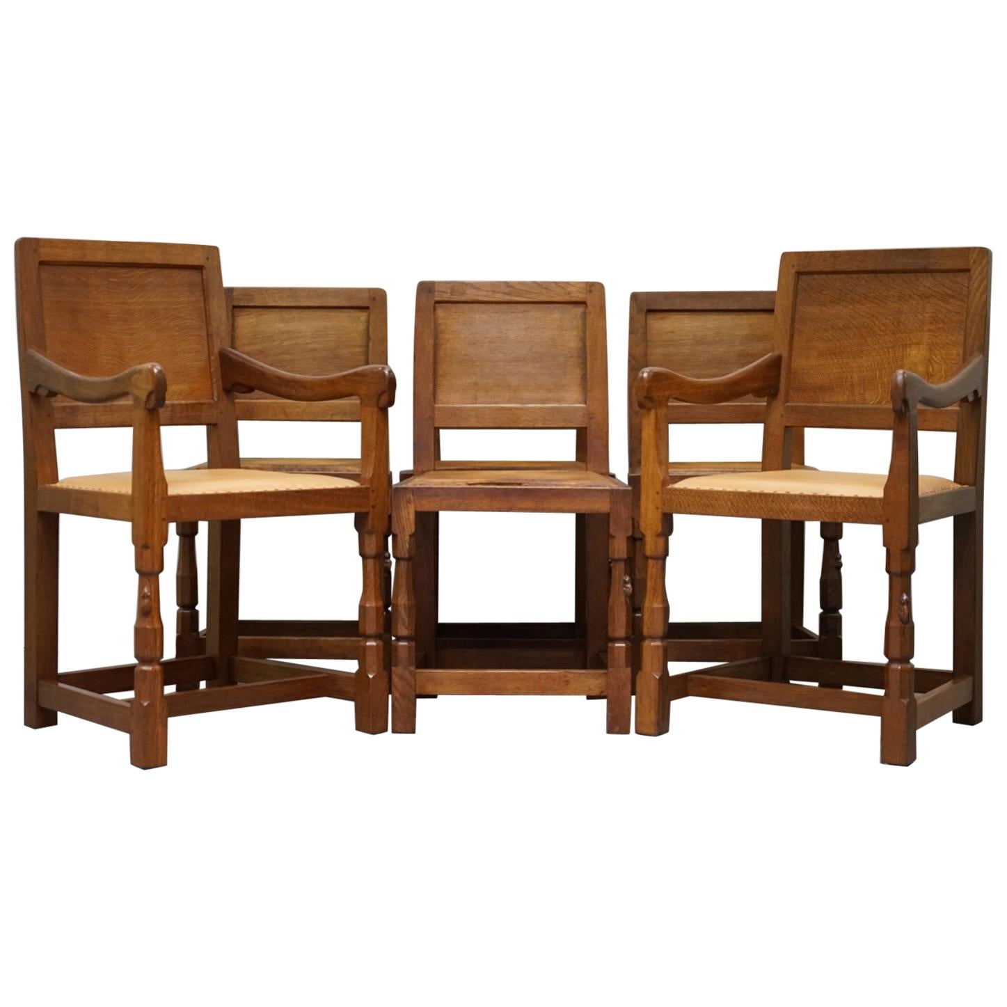Six Very Rare 1950s Honeycomb Oak Robert Mouseman Thompson Dining Chairs 6