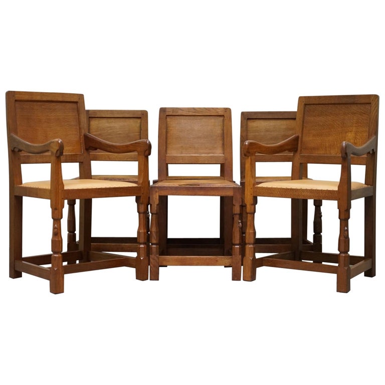 Six Very Rare 1950s Honeycomb Oak Robert Mouseman Thompson Dining Chairs 6  For Sale at 1stDibs