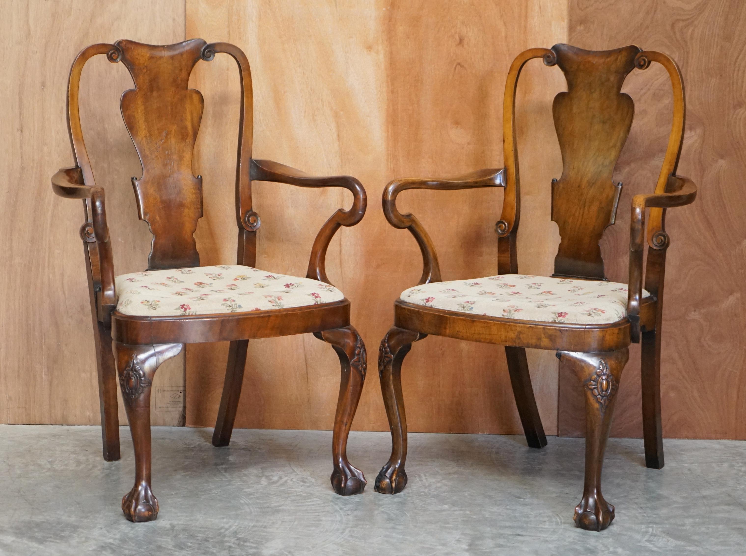 Six Victorian 1880 Walnut Shepherds Crook Dining Chairs with Claw & Ball Feet For Sale 7