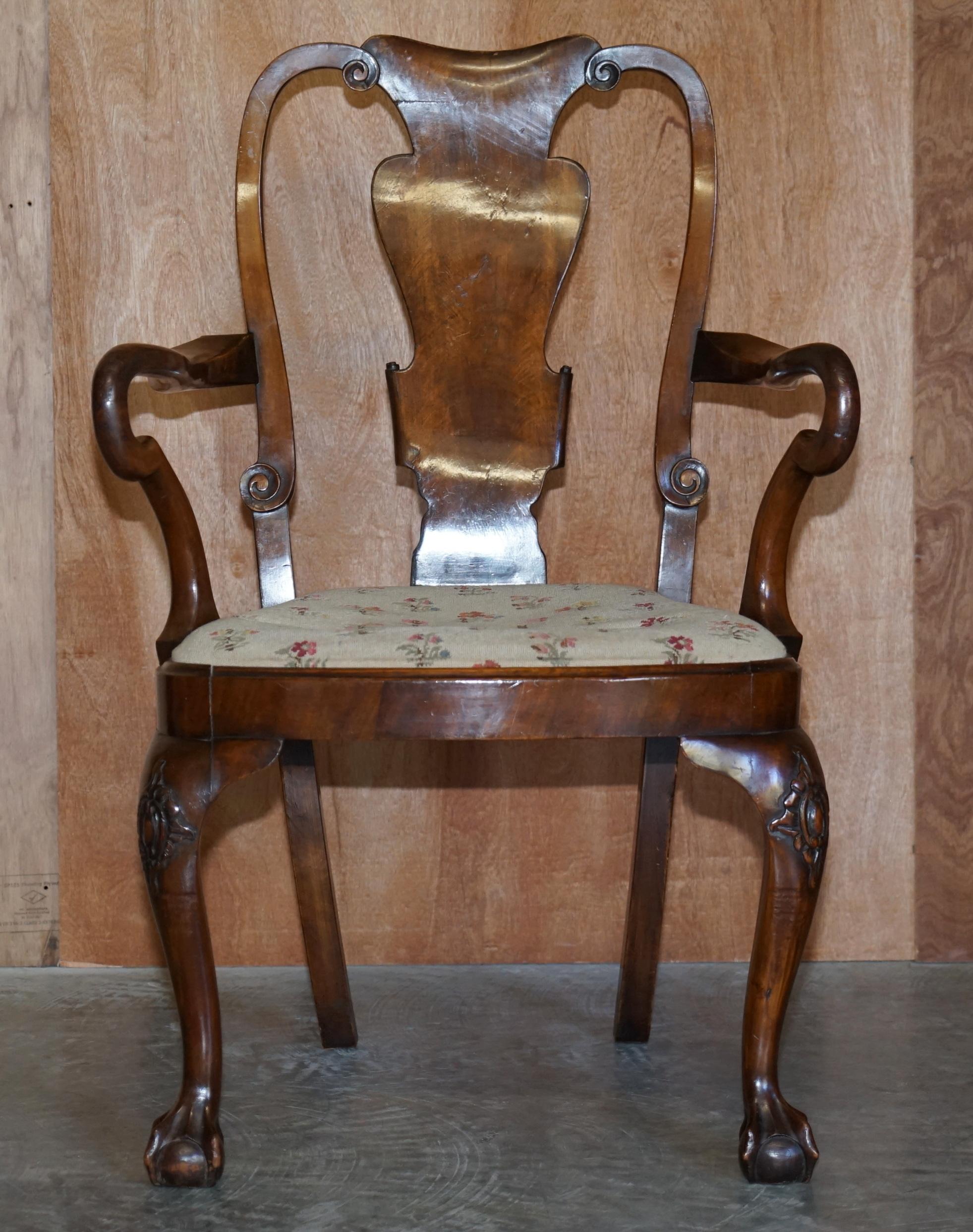 Six Victorian 1880 Walnut Shepherds Crook Dining Chairs with Claw & Ball Feet For Sale 9