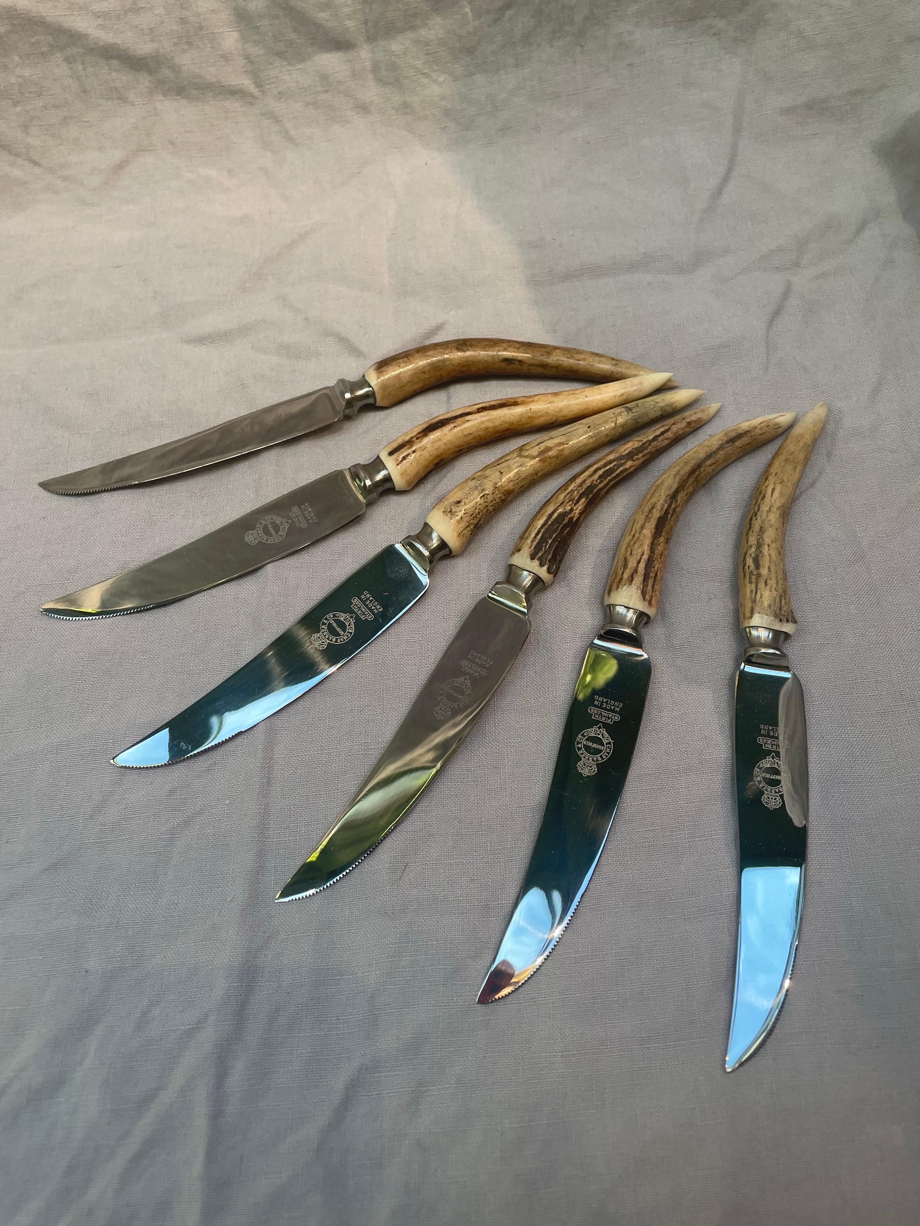 Six couteaux à steak vintage en bois de cerf de Charles H. Barber & Co, Angleterre en vente 1