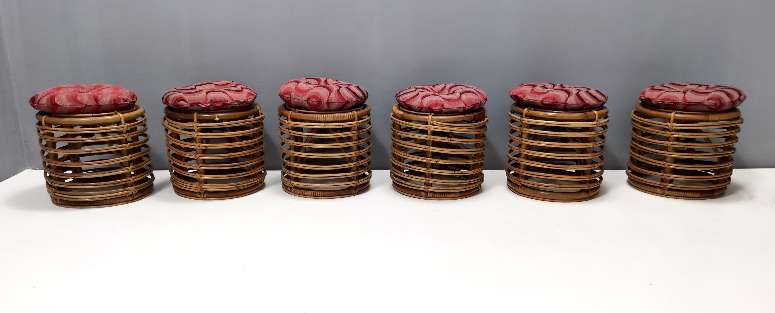 Italian Vintage Bamboo Pouf by Castano Upholstered in Crimson Fabric, Italy