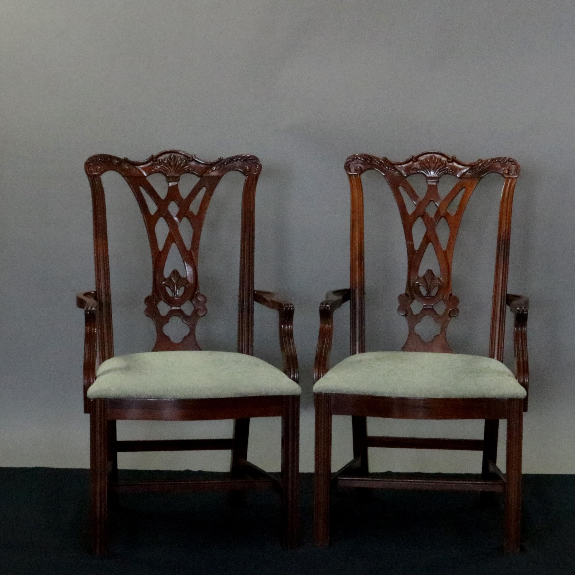 American Six Vintage Chippendale Style Carved Mahogany Ribbon Back Dining Armchairs