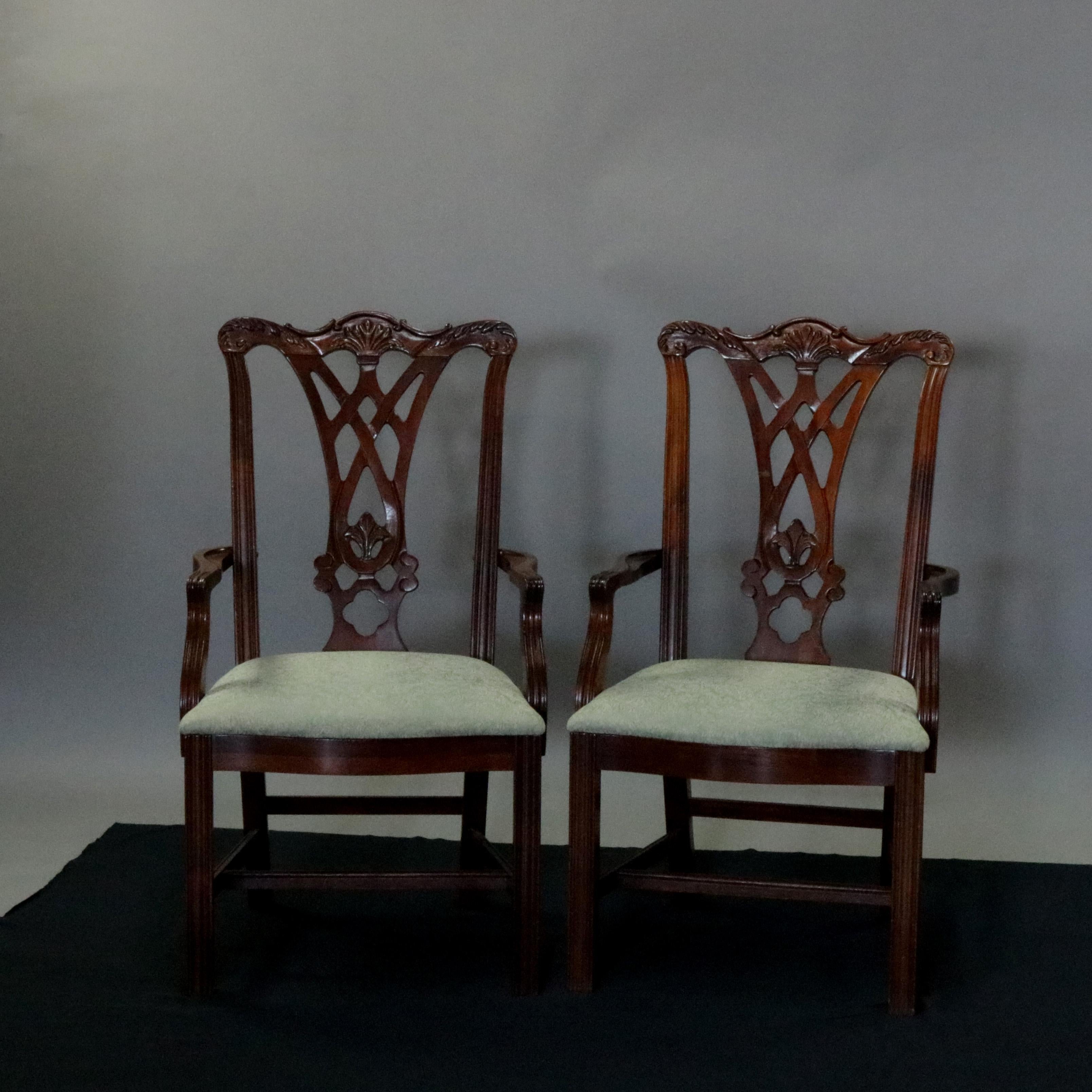 Six Vintage Chippendale Style Carved Mahogany Ribbon Back Dining Armchairs In Good Condition In Big Flats, NY