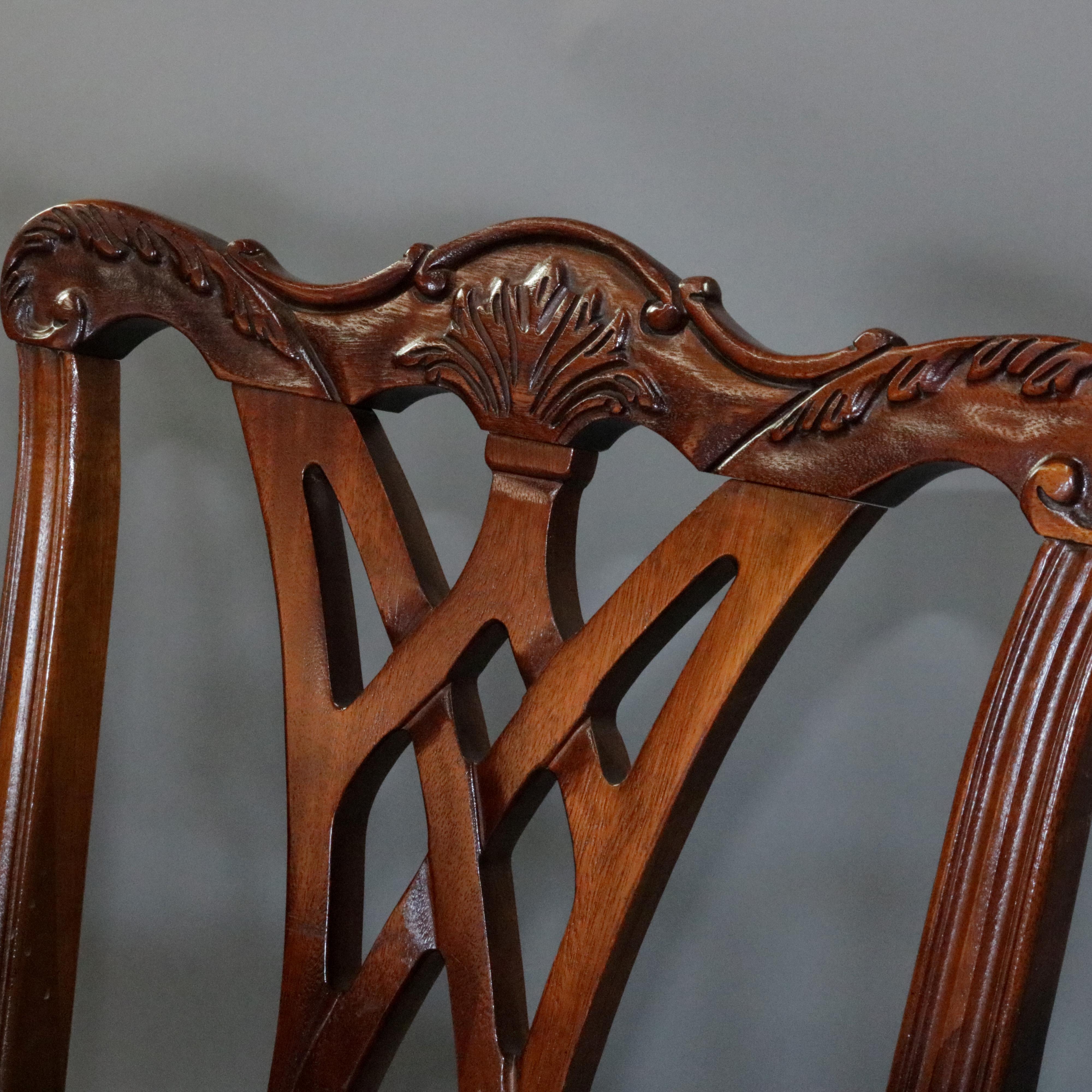 Upholstery Six Vintage Chippendale Style Carved Mahogany Ribbon Back Dining Armchairs