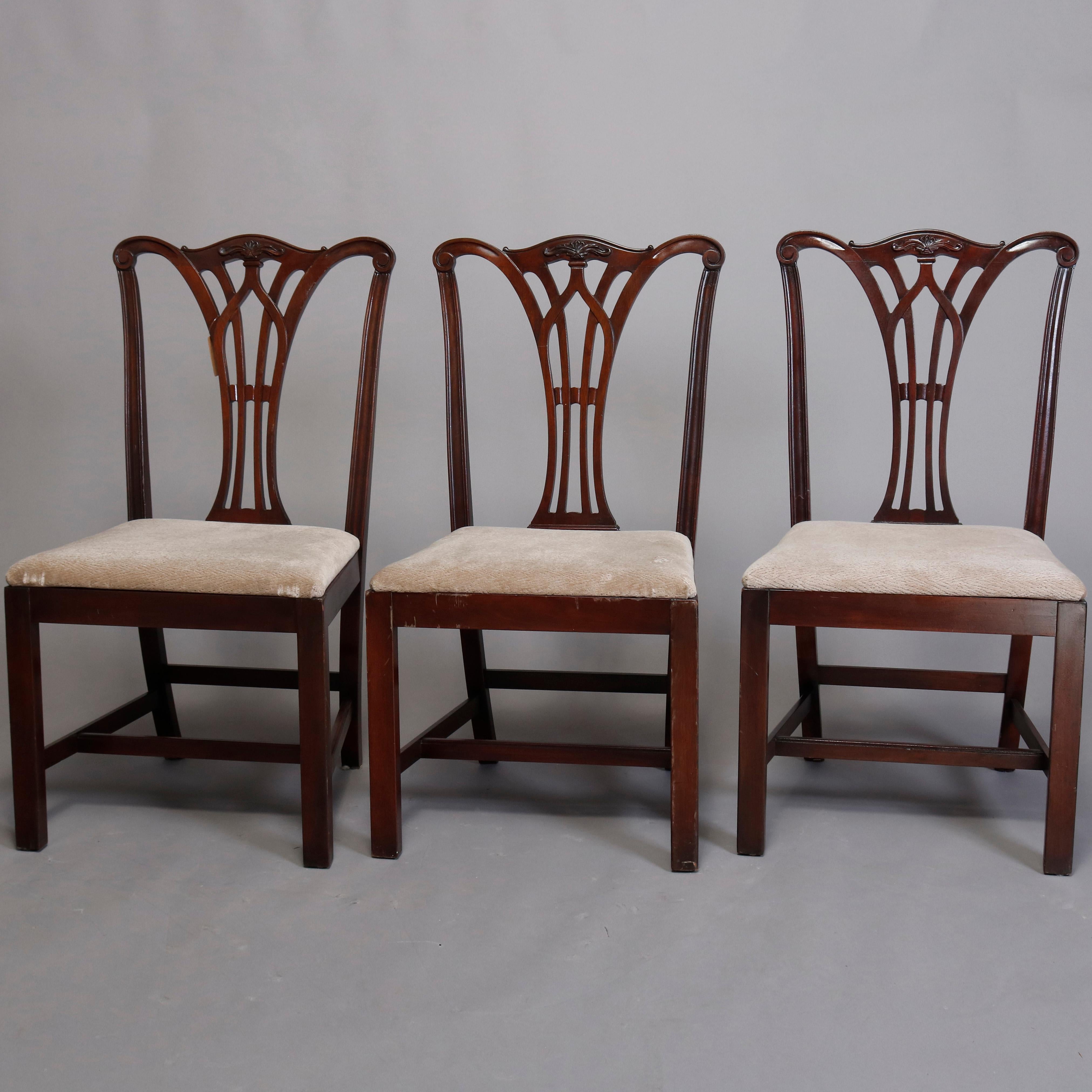 English Six Vintage Chippendale Style Carved Mahogany Ribbon Back Dining Chairs