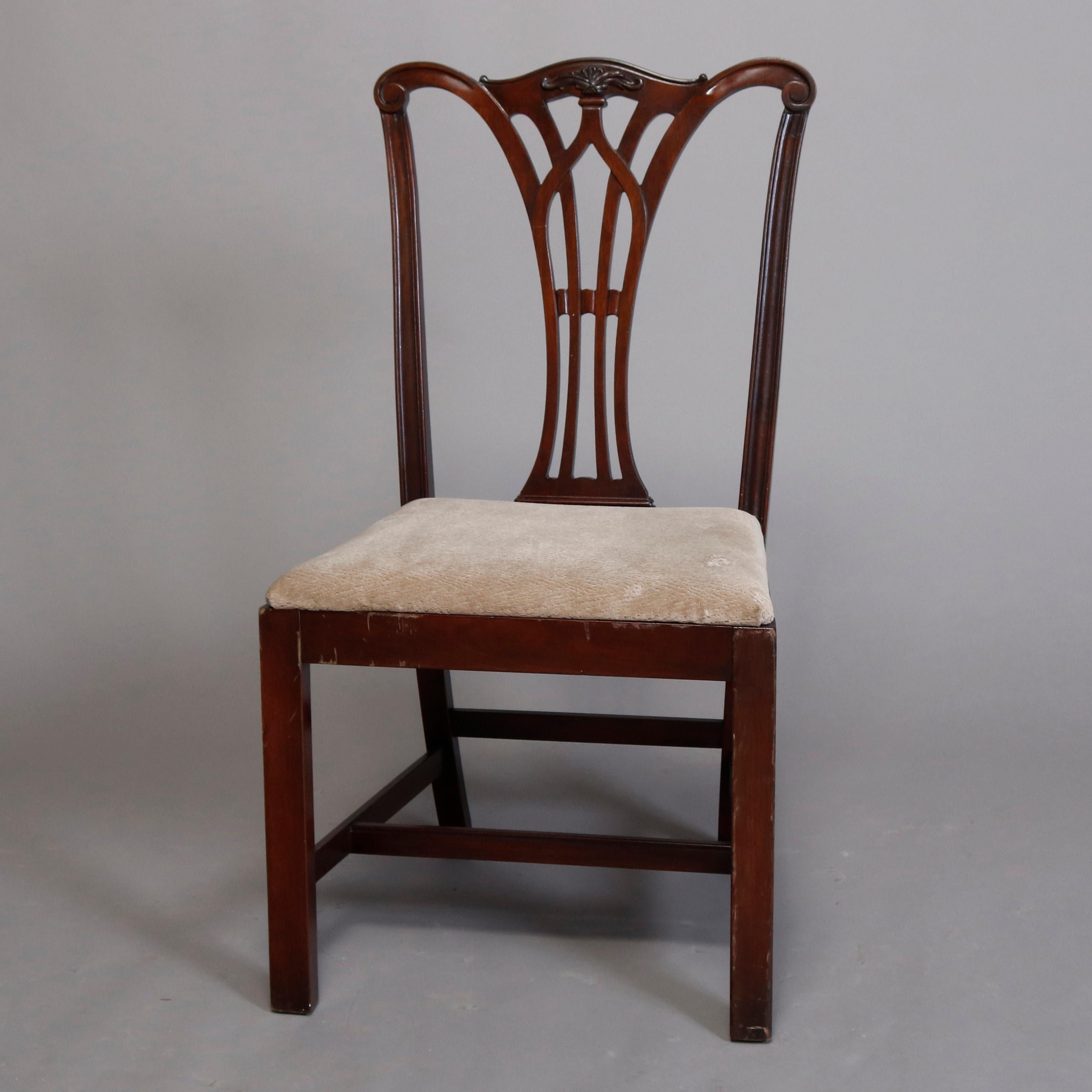 Six Vintage Chippendale Style Carved Mahogany Ribbon Back Dining Chairs In Good Condition In Big Flats, NY