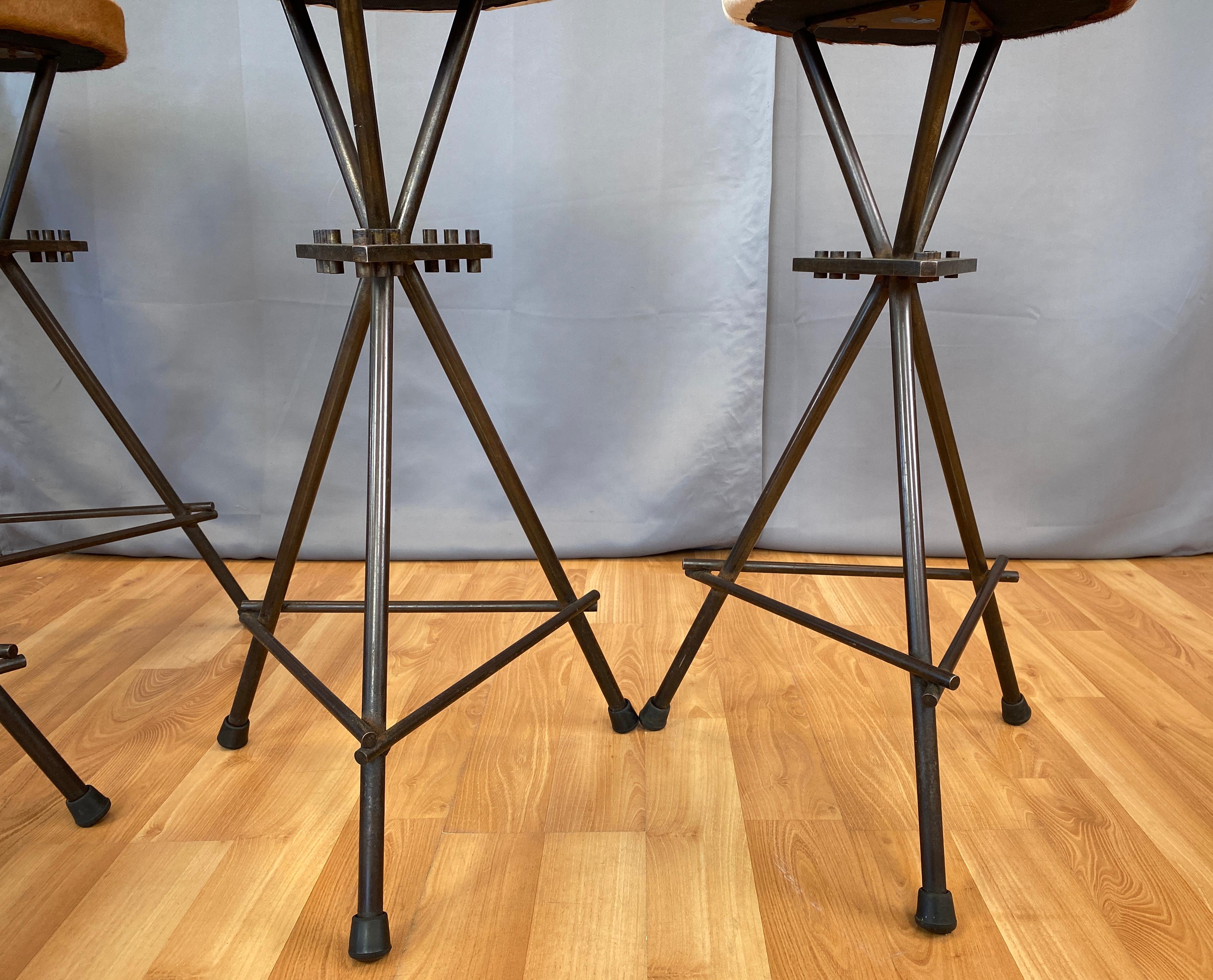 Cowhide Six Vintage Constructivist Patinated Bronze Wrought Iron Bar Stools For Sale