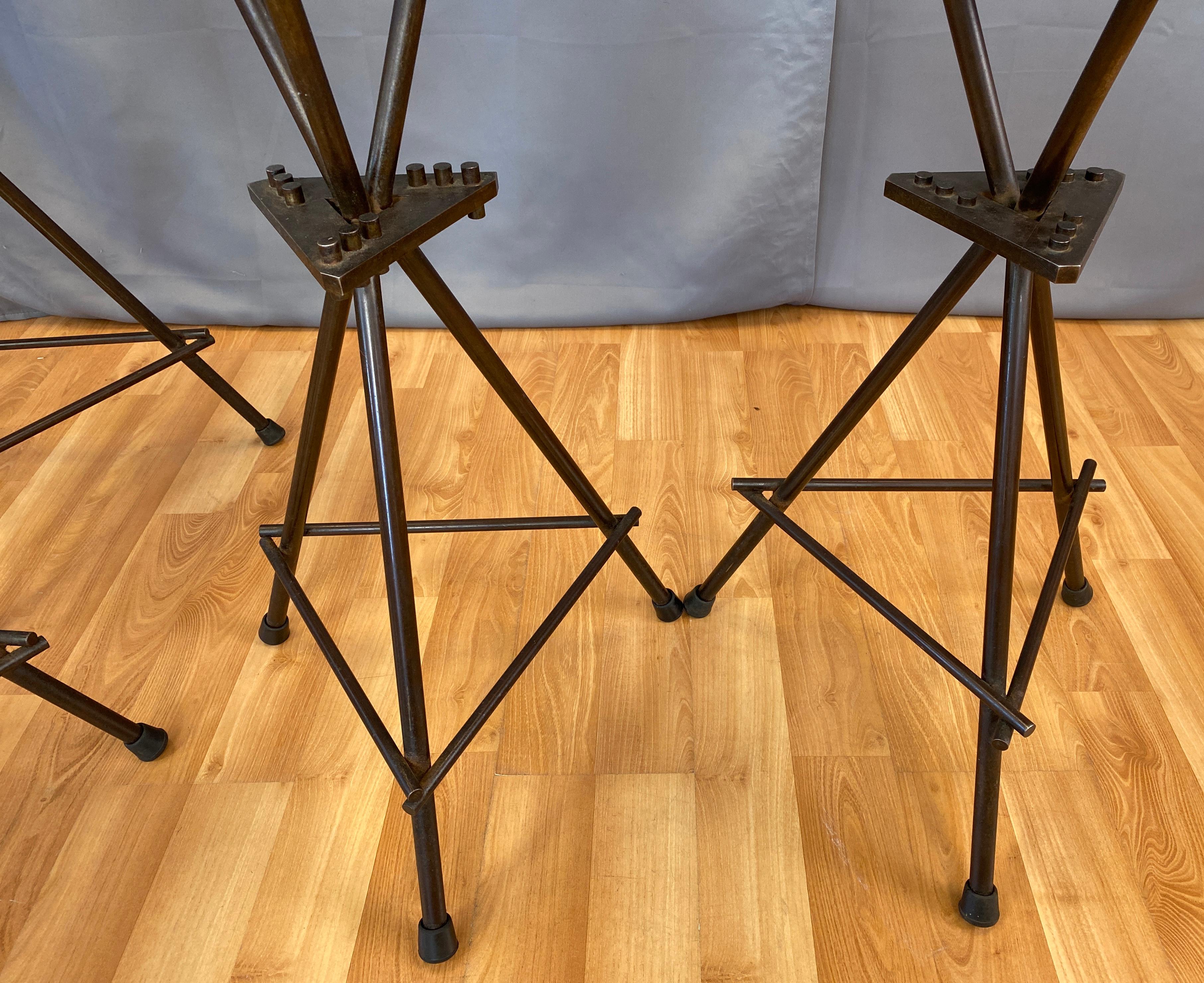 Six Vintage Constructivist Patinated Bronze Wrought Iron Bar Stools For Sale 4