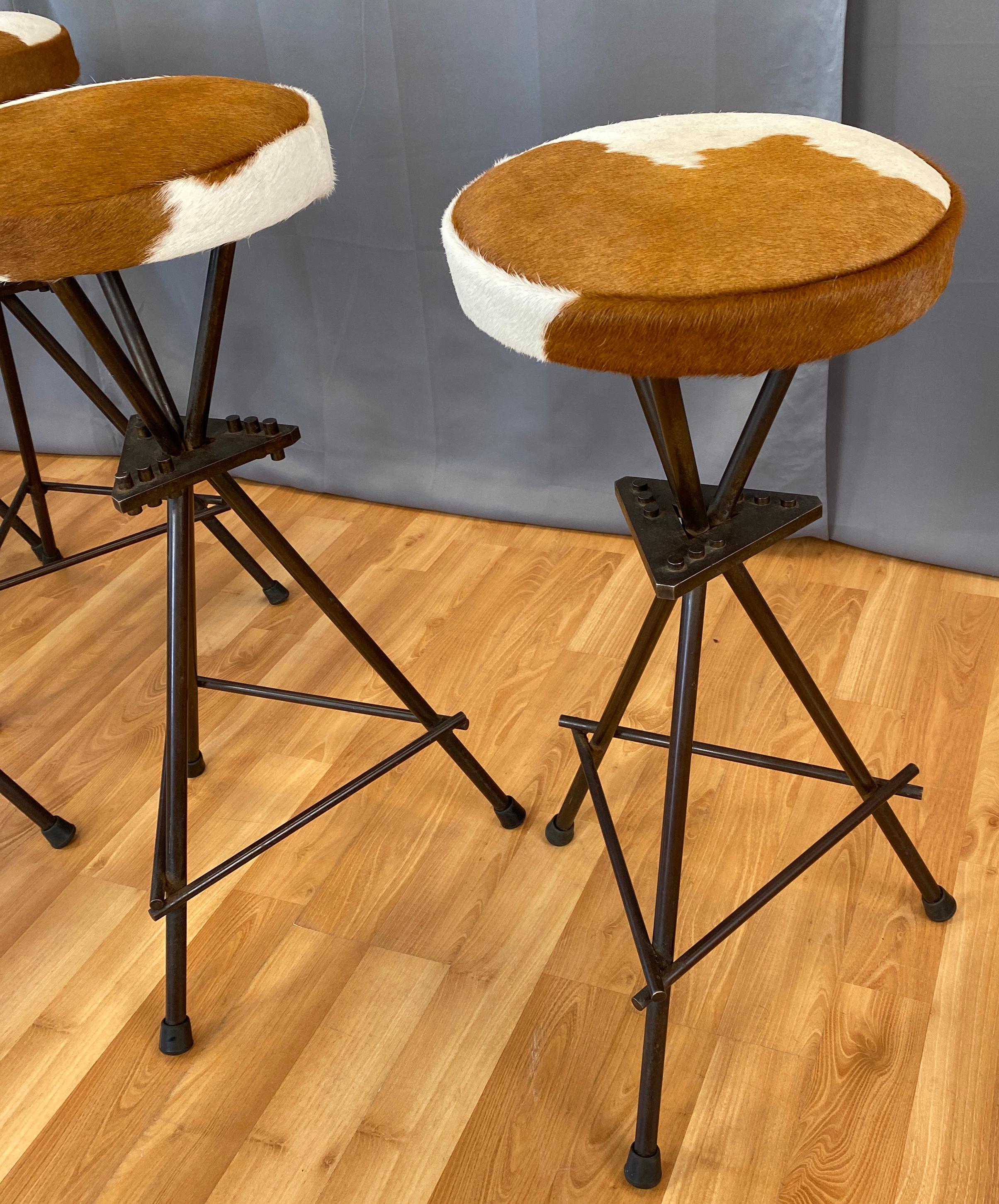 Six Vintage Constructivist Patinated Bronze Wrought Iron Bar Stools For Sale 5