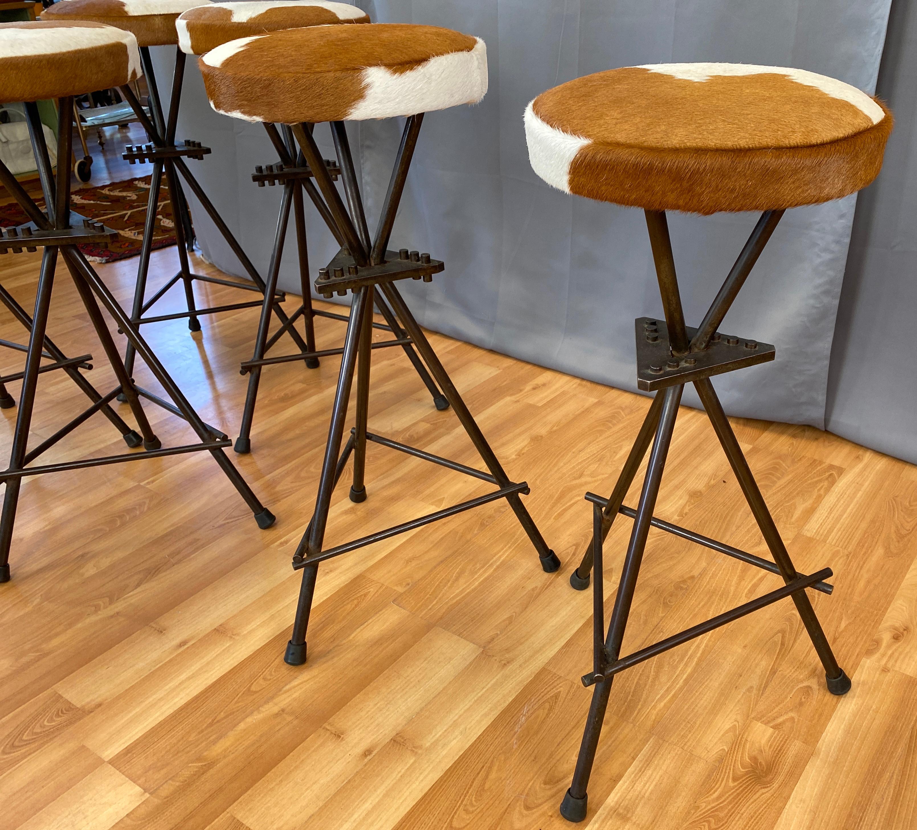 Six Vintage Constructivist Patinated Bronze Wrought Iron Bar Stools For Sale 6