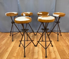 Six Vintage Constructivist Patinated Bronze Wrought Iron Bar Stools