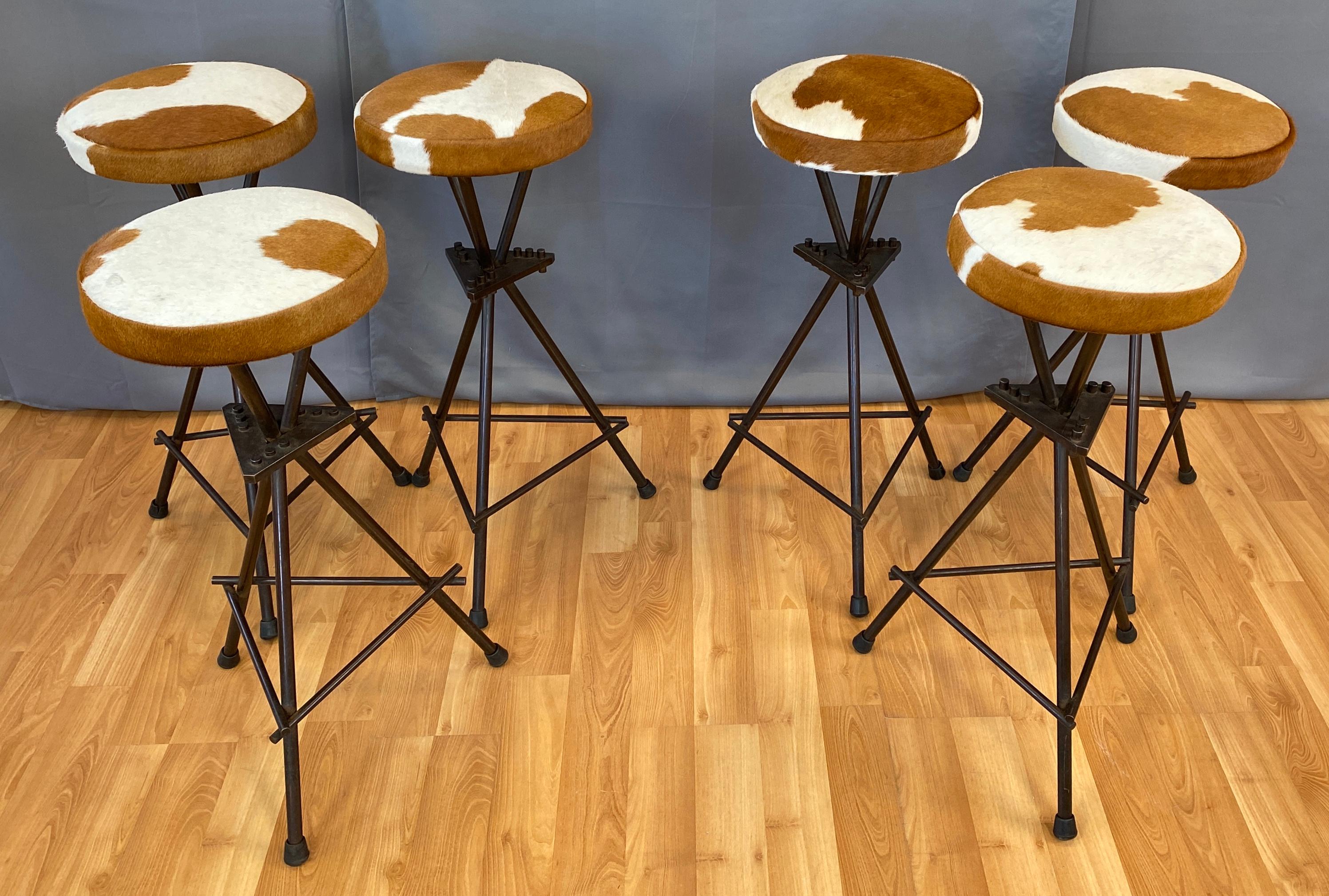 Machine Age Six Vintage Constructivist Patinated Bronze Wrought Iron Bar Stools For Sale