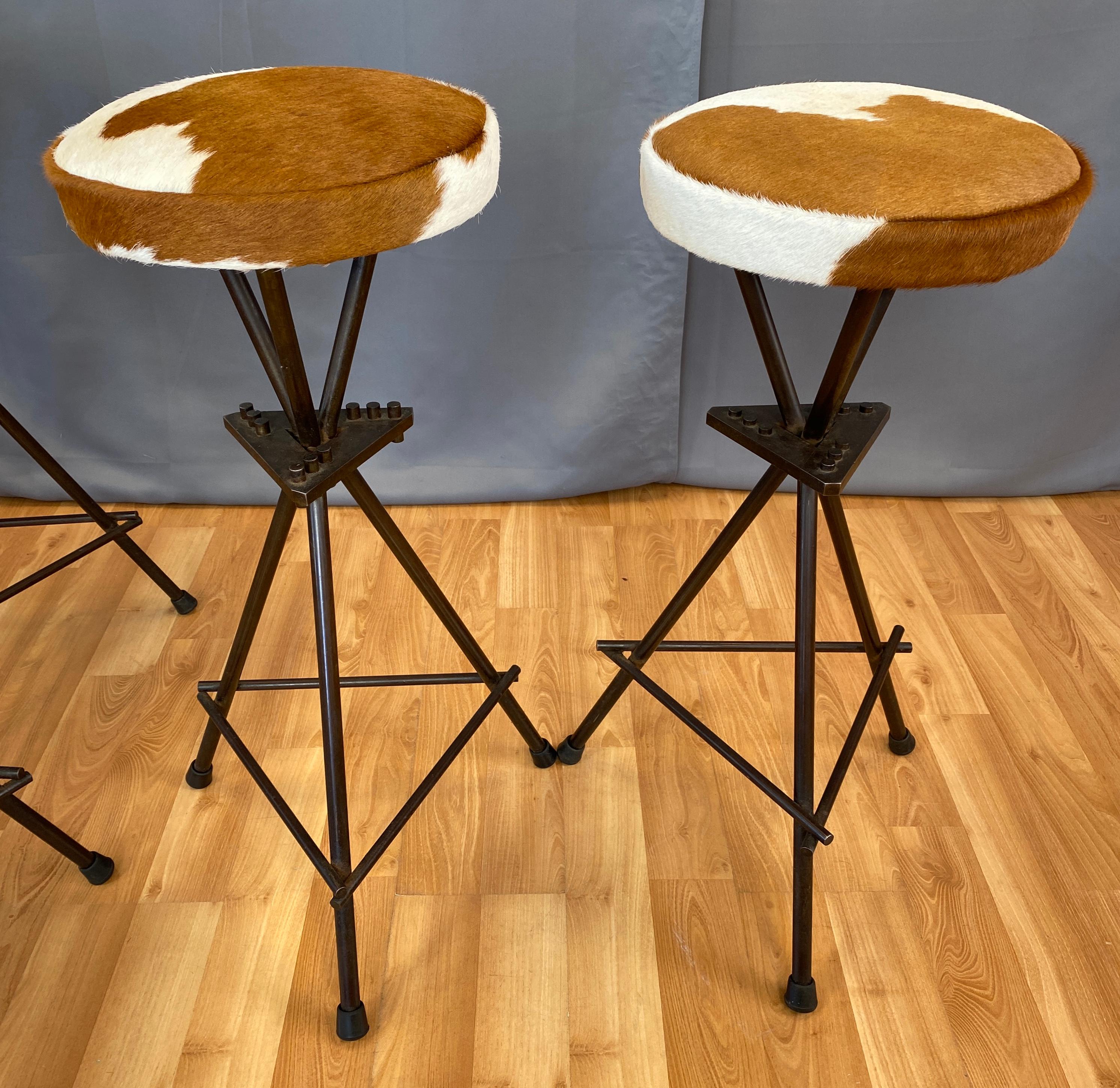 Late 20th Century Six Vintage Constructivist Patinated Bronze Wrought Iron Bar Stools For Sale