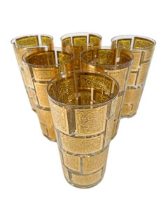 Six Vintage Culver, Ltd Brutalist Design Highball Glasses in 22 Karat Gold