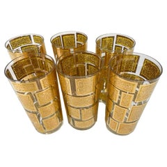 Six Vintage Culver, Ltd Brutalist Design Highball Glasses in 22 Karat Gold