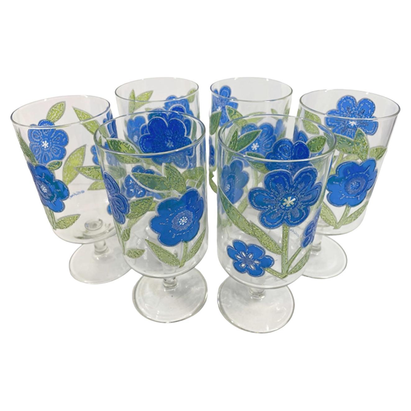 Sei bicchieri a stelo Culver d'epoca con motivo "Petite Fleur
