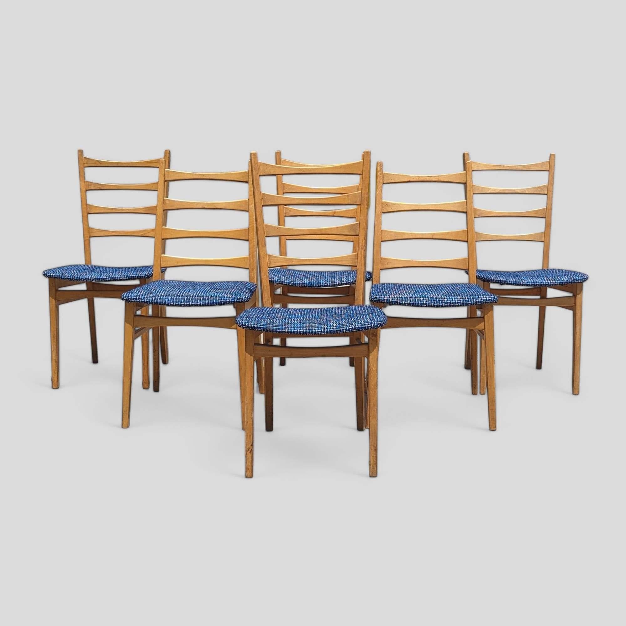 Six Vintage Dining Chairs Ladder Back, Mid Century, Beech Wood, Blue Upholstery For Sale 3