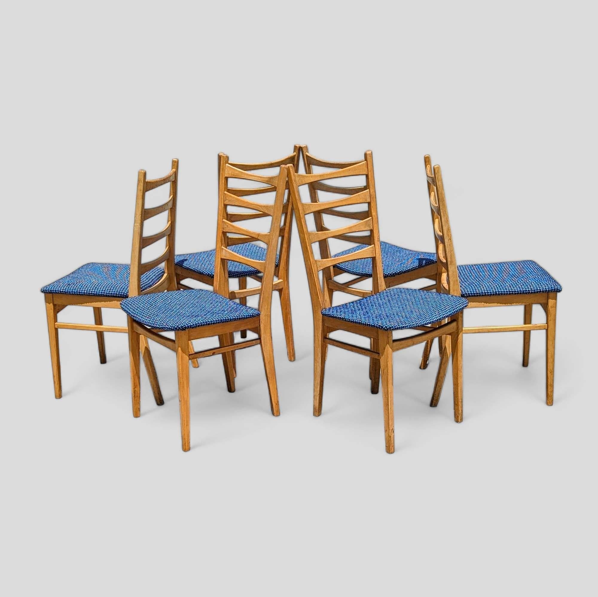 Six Vintage Dining Chairs Ladder Back, Mid Century, Beech Wood, Blue Upholstery For Sale 4