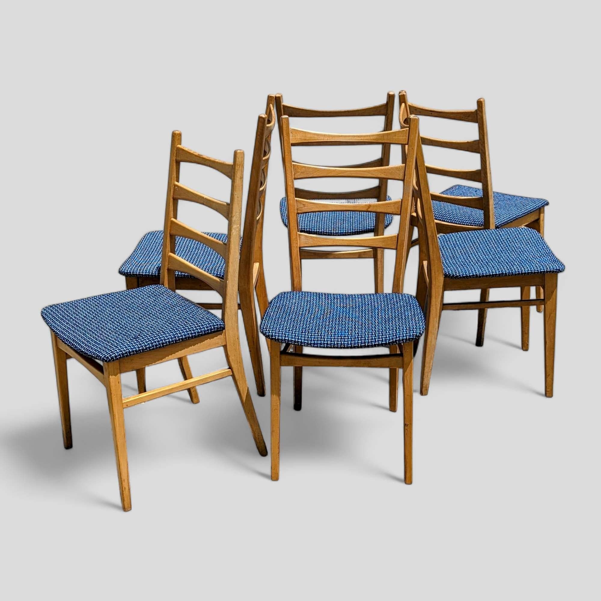 Six Vintage Dining Chairs Ladder Back, Mid Century, Beech Wood, Blue Upholstery For Sale 5