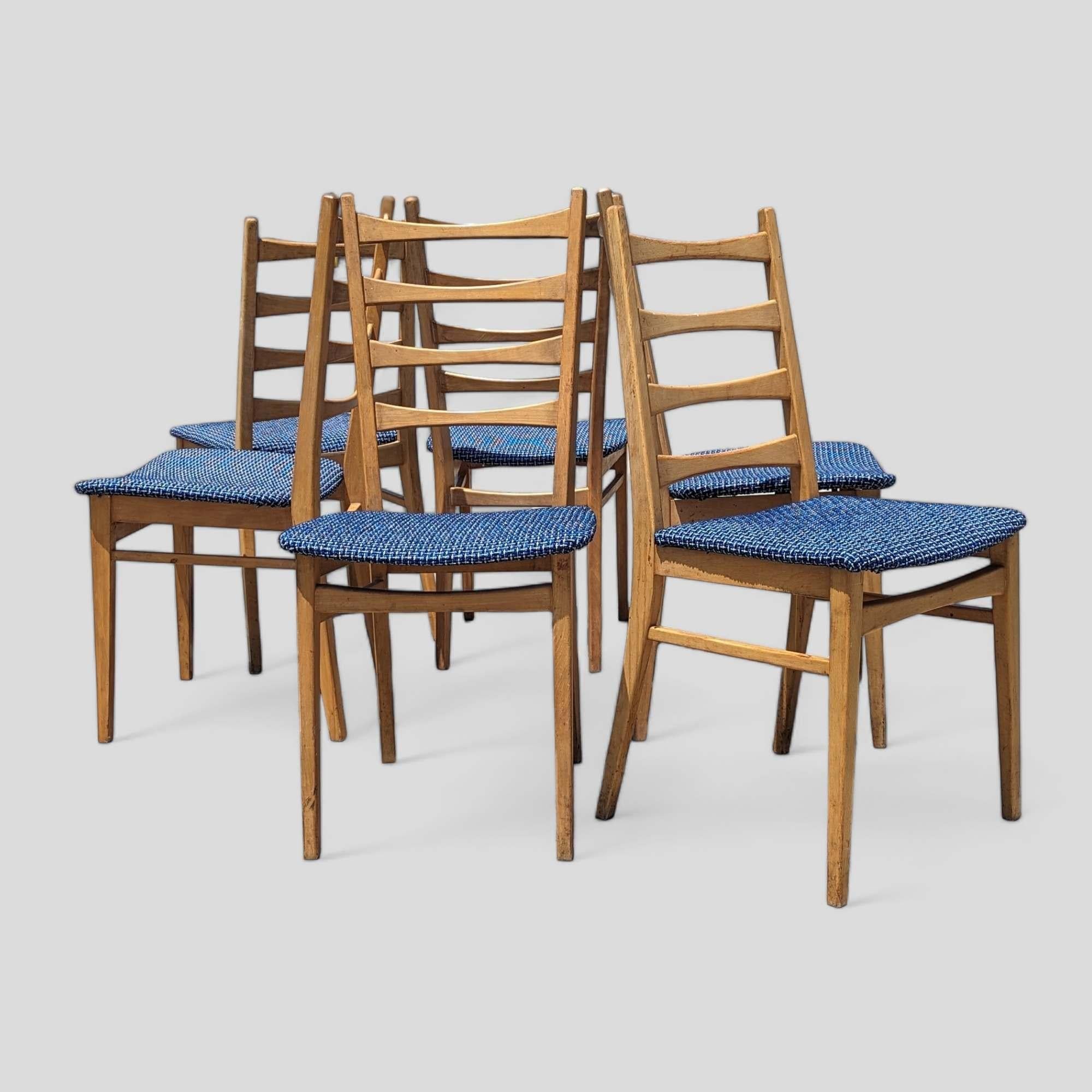 Six Vintage Dining Chairs Ladder Back, Mid Century, Beech Wood, Blue Upholstery For Sale 6