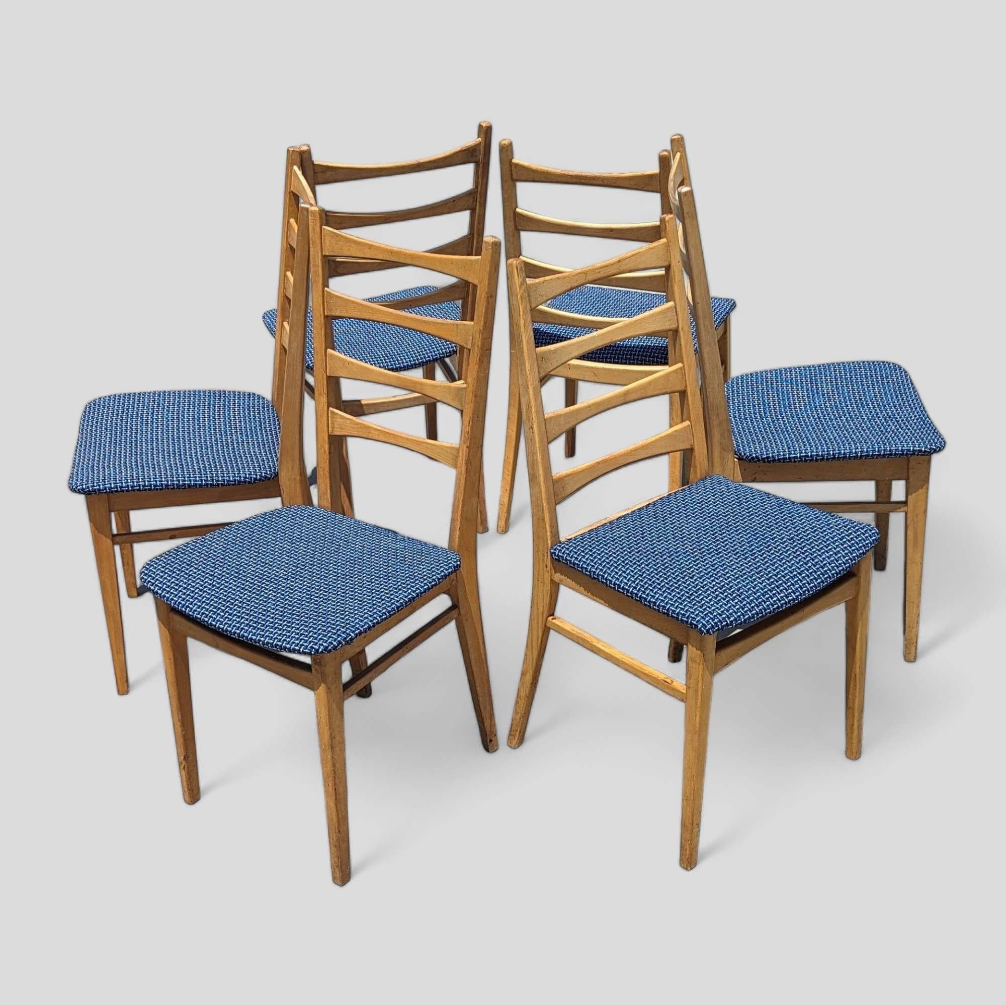 Six Vintage Dining Chairs Ladder Back, Mid Century, Beech Wood, Blue Upholstery For Sale 7