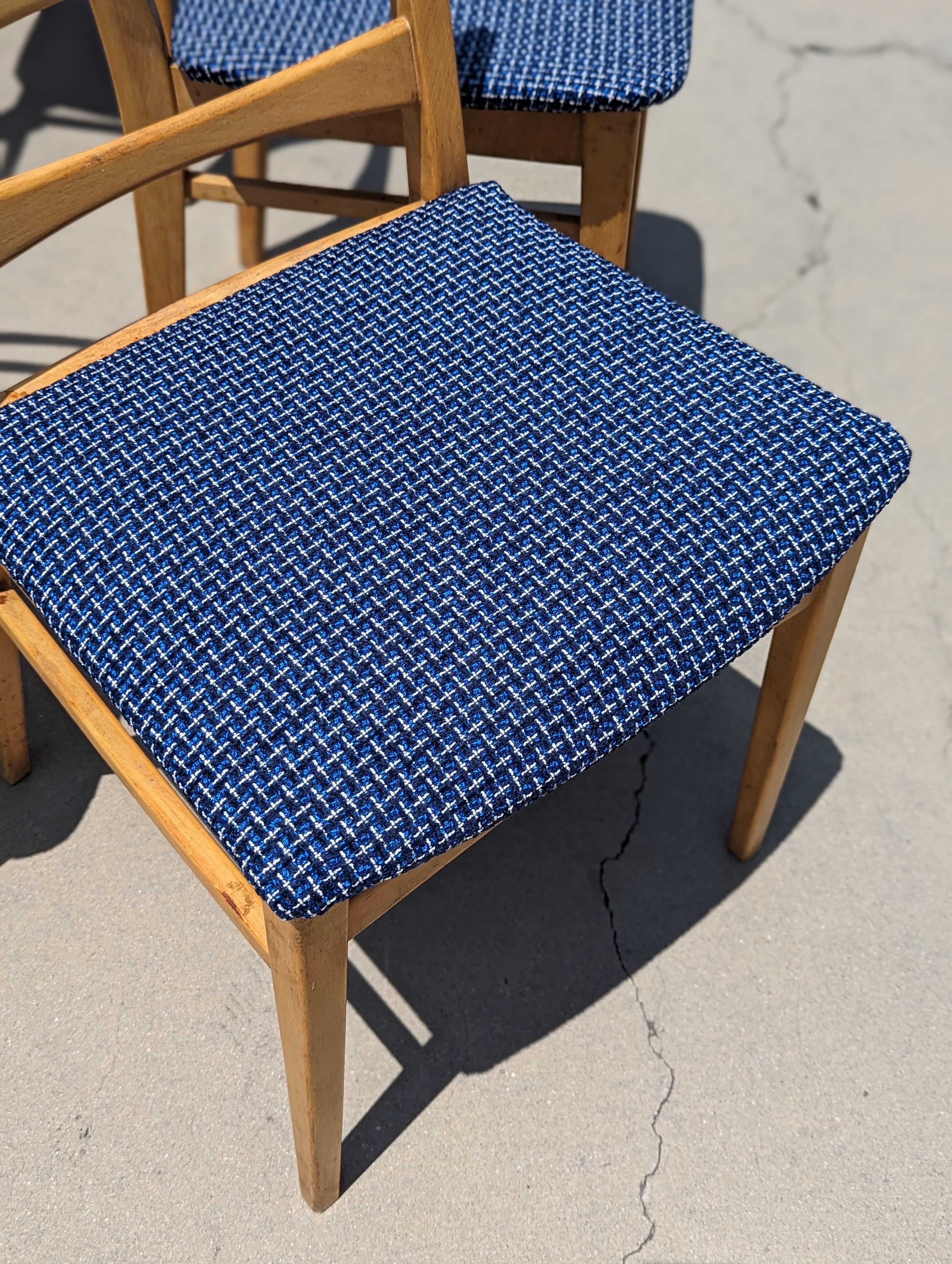 Six Vintage Dining Chairs Ladder Back, Mid Century, Beech Wood, Blue Upholstery For Sale 9