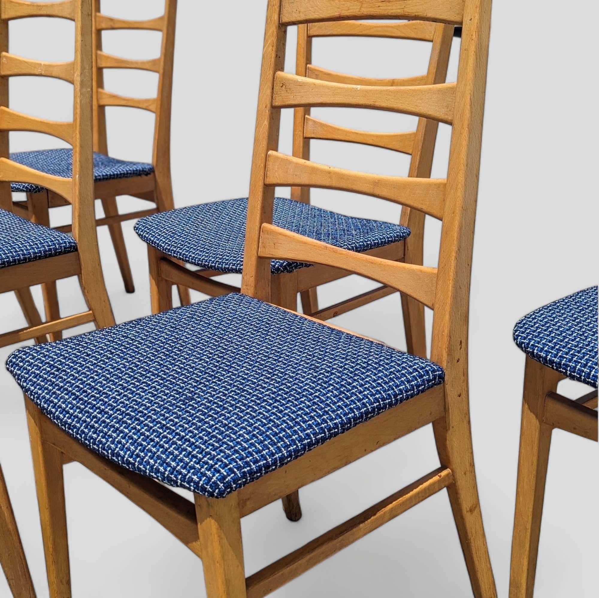 Mid-Century Modern Six Vintage Dining Chairs Ladder Back, Mid Century, Beech Wood, Blue Upholstery For Sale
