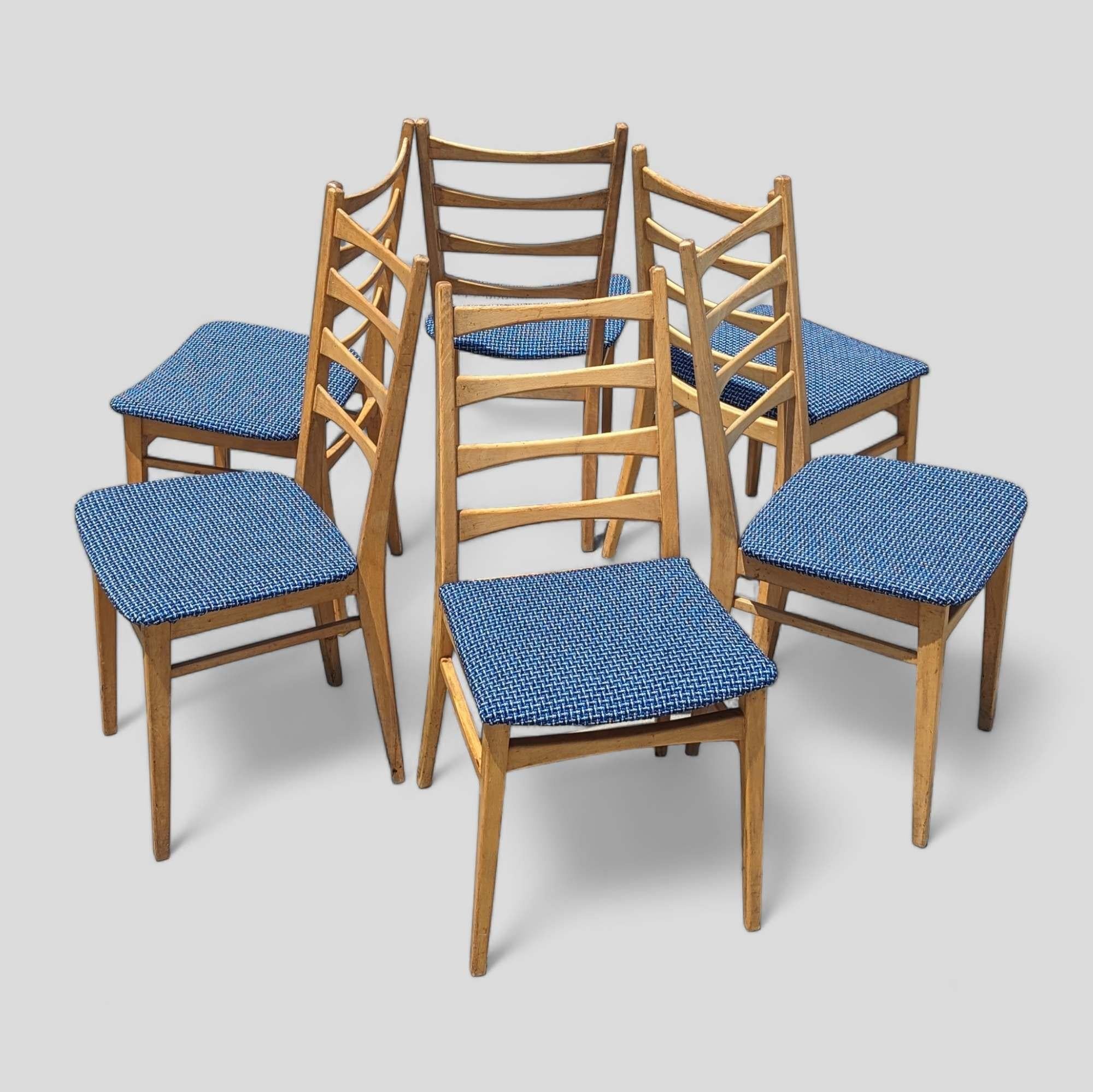 German Six Vintage Dining Chairs Ladder Back, Mid Century, Beech Wood, Blue Upholstery For Sale