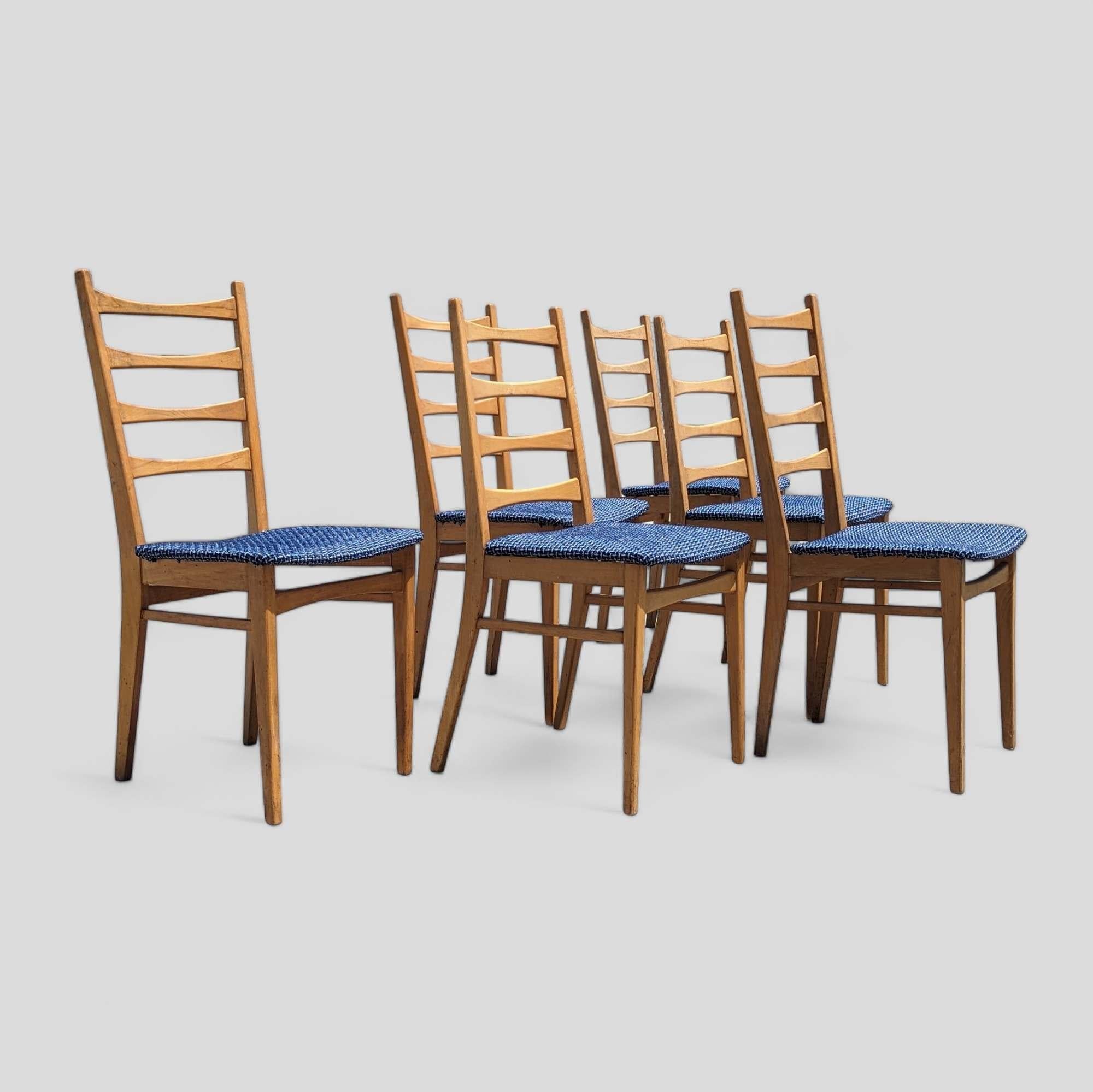 Fabric Six Vintage Dining Chairs Ladder Back, Mid Century, Beech Wood, Blue Upholstery For Sale