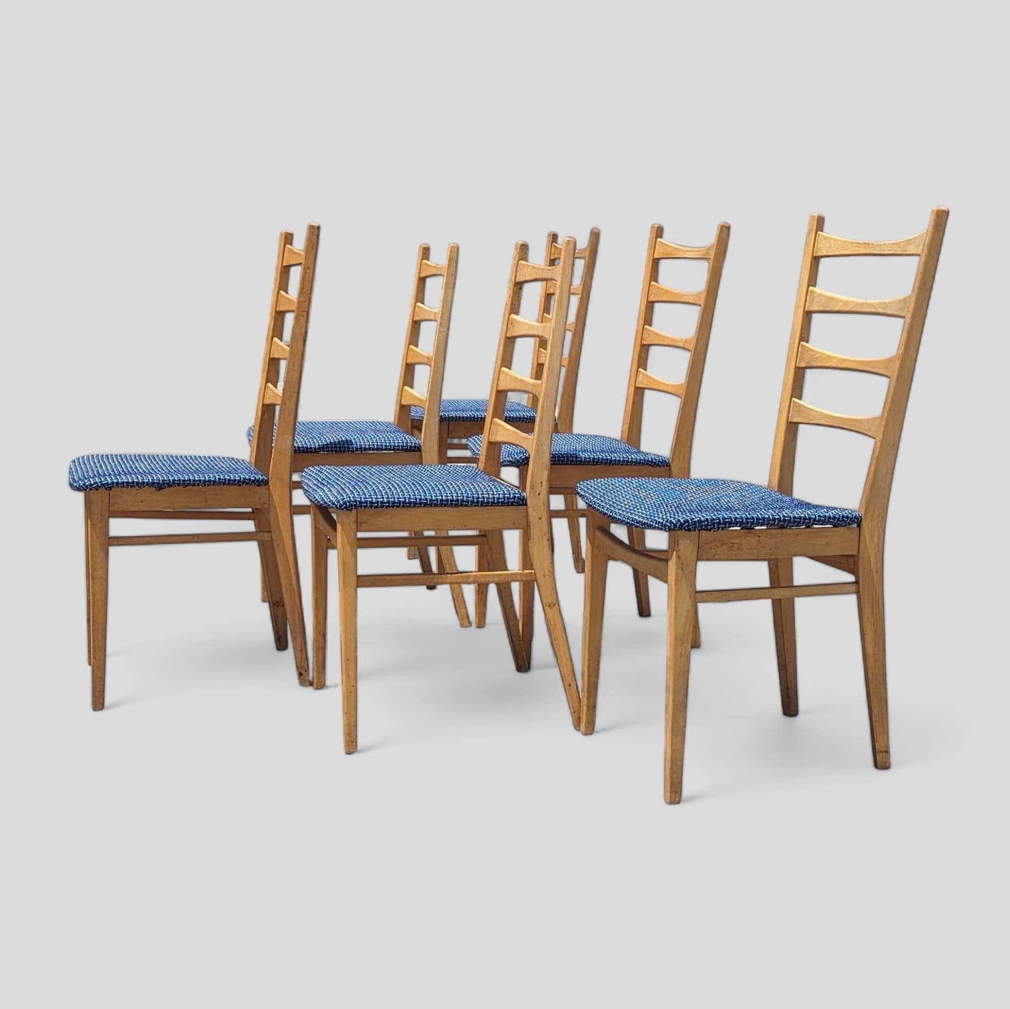 Six Vintage Dining Chairs Ladder Back, Mid Century, Beech Wood, Blue Upholstery For Sale 1