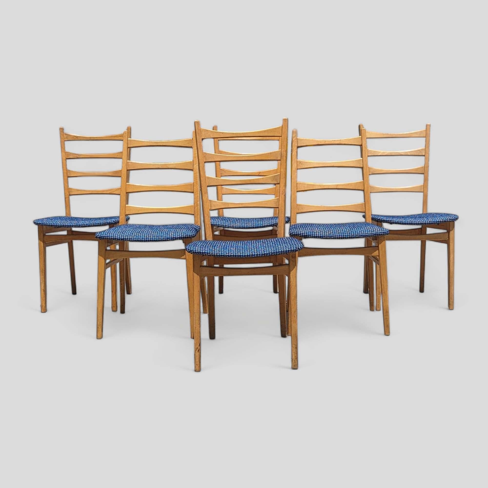 Six Vintage Dining Chairs Ladder Back, Mid Century, Beech Wood, Blue Upholstery For Sale 2