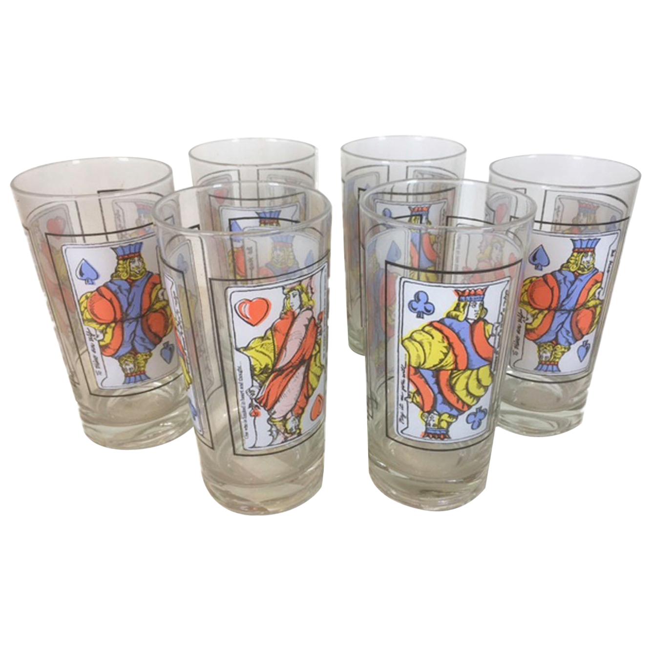 Six Vintage Dorothy Thorpe Highball Glasses with Playing Card Motif