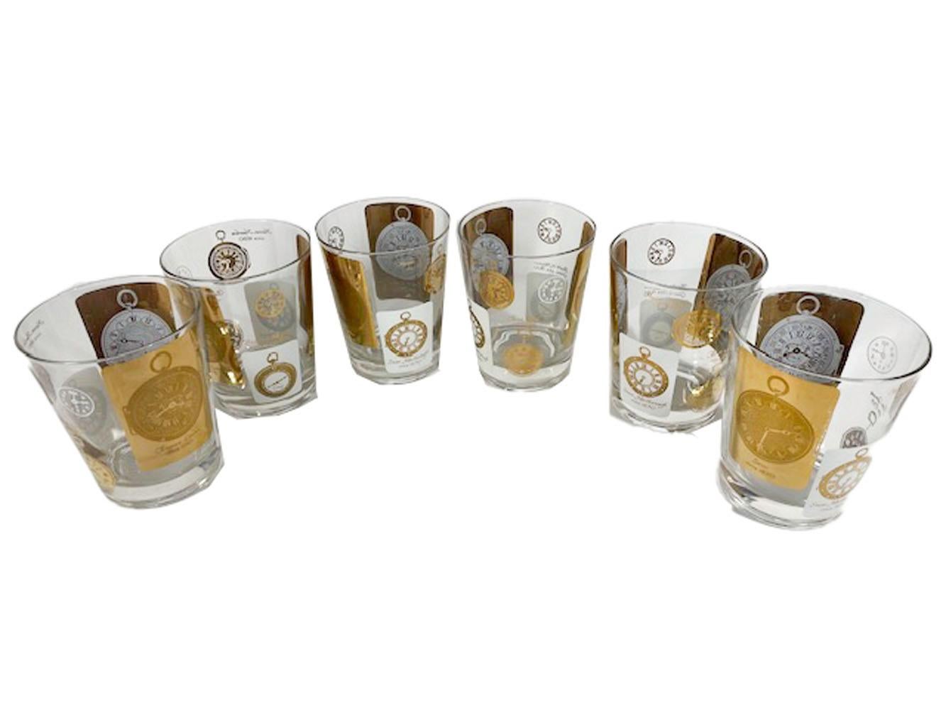 Six vintage double old fashioned glasses in the manner of Cera Glassware in white enamel and 22k gold on clear glass and decorated with images of antique pocket watches with identification, origin and date.