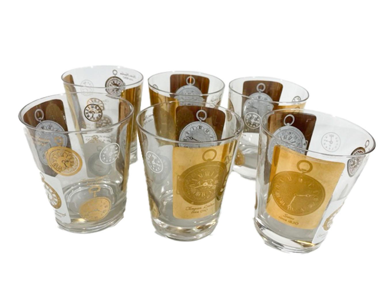 Mid-Century Modern Six Vintage Double Old Fashioned Glasses with Antique Pocket Watch Designs For Sale