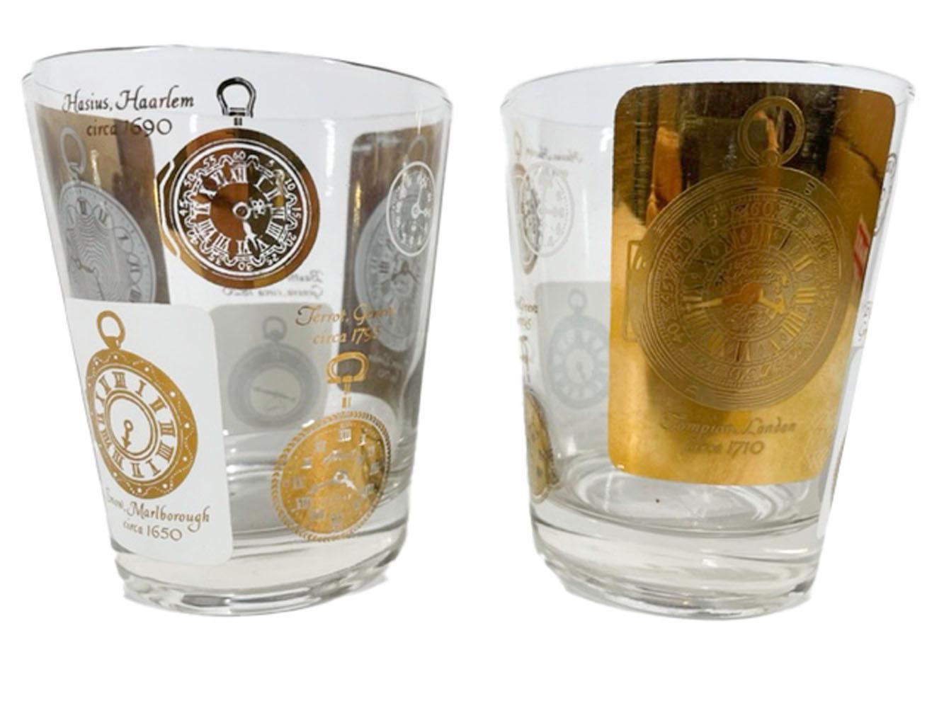 20th Century Six Vintage Double Old Fashioned Glasses with Antique Pocket Watch Designs For Sale