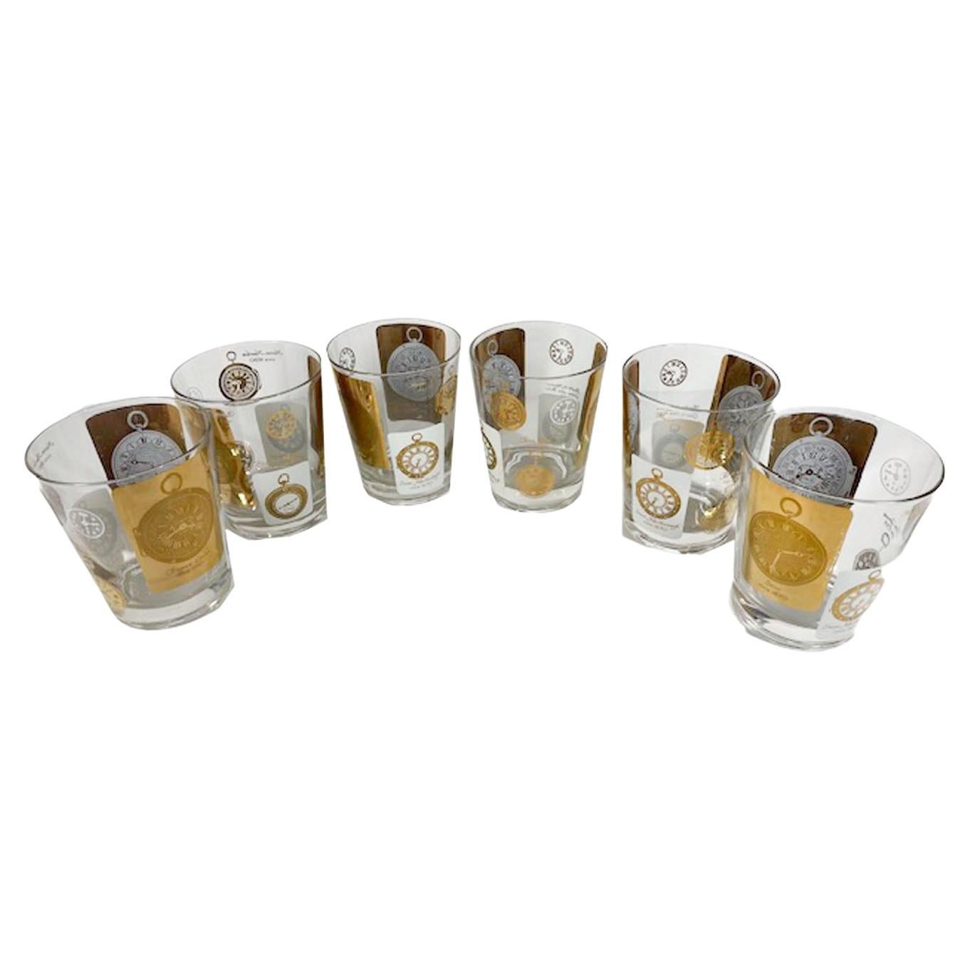 Six Vintage Double Old Fashioned Glasses with Antique Pocket Watch Designs For Sale
