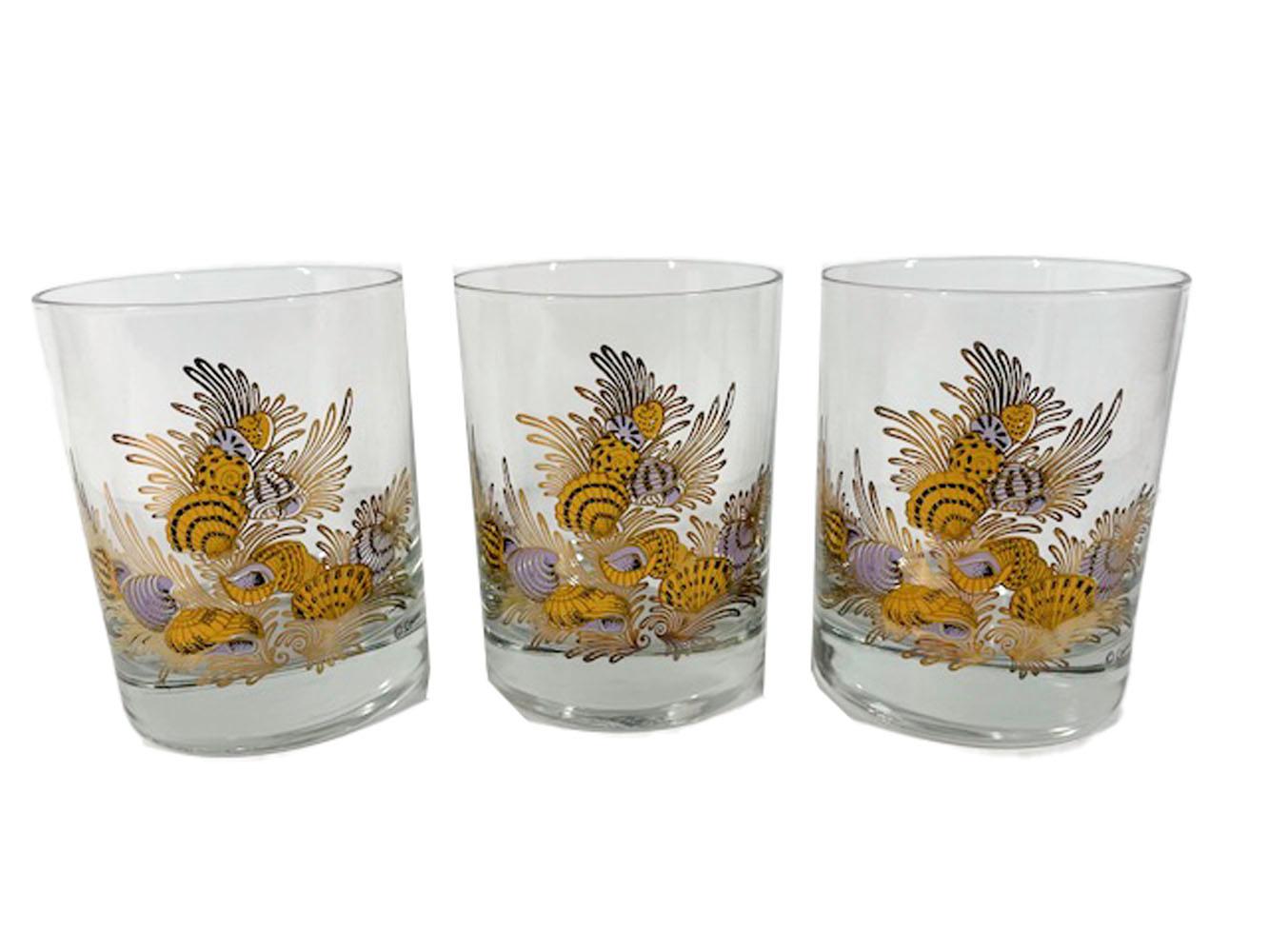 American Six Vintage Double Rocks Glasses with Seashell Motif by Couroc of Monterey, CA