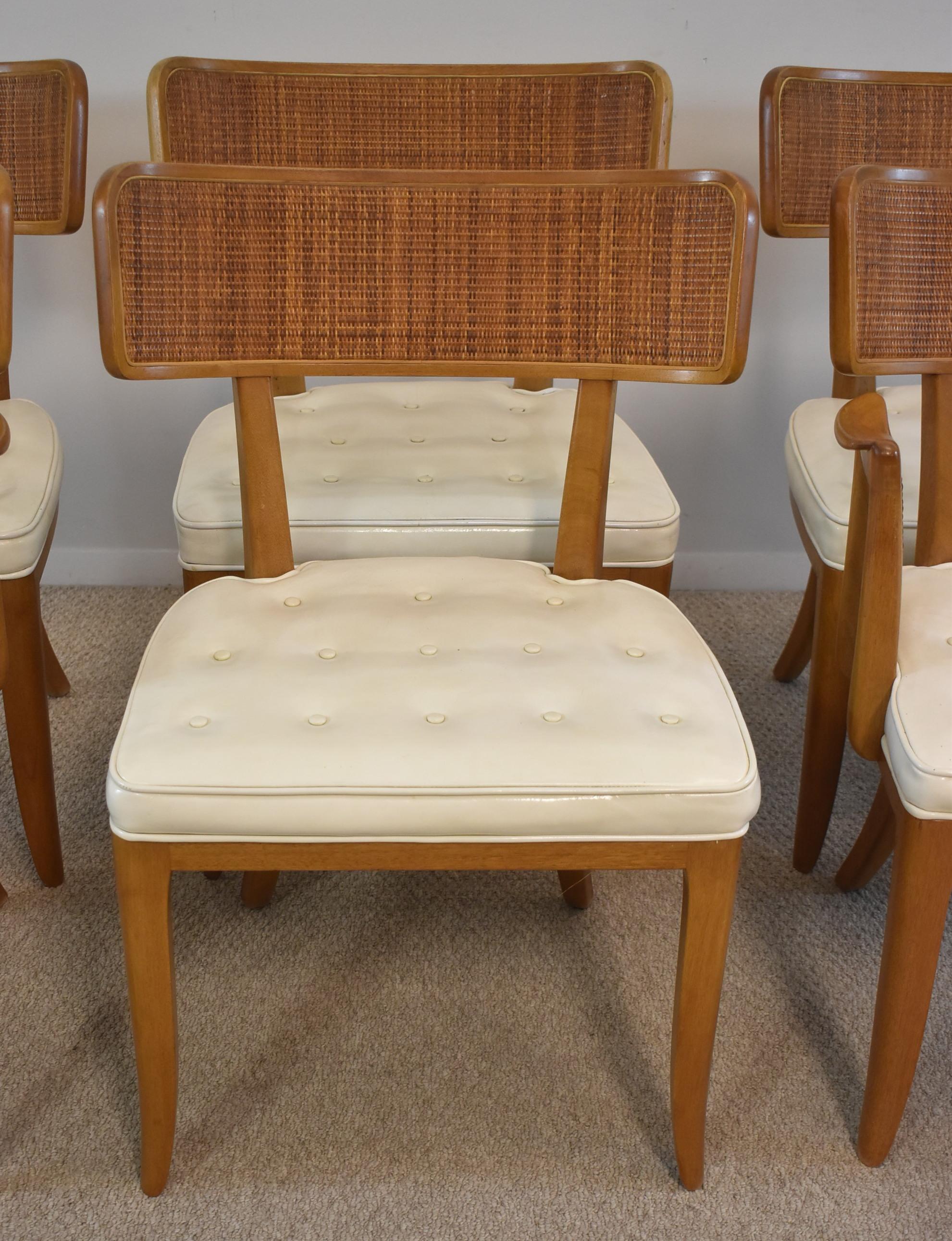 Six vintage Dunbar dining chairs designed by Edward Wormley. Original finish with cane backs. Naugahyde chairs seats. Very solid in very nice Vintage condition consistent with usage and age. Dimensions: 32
