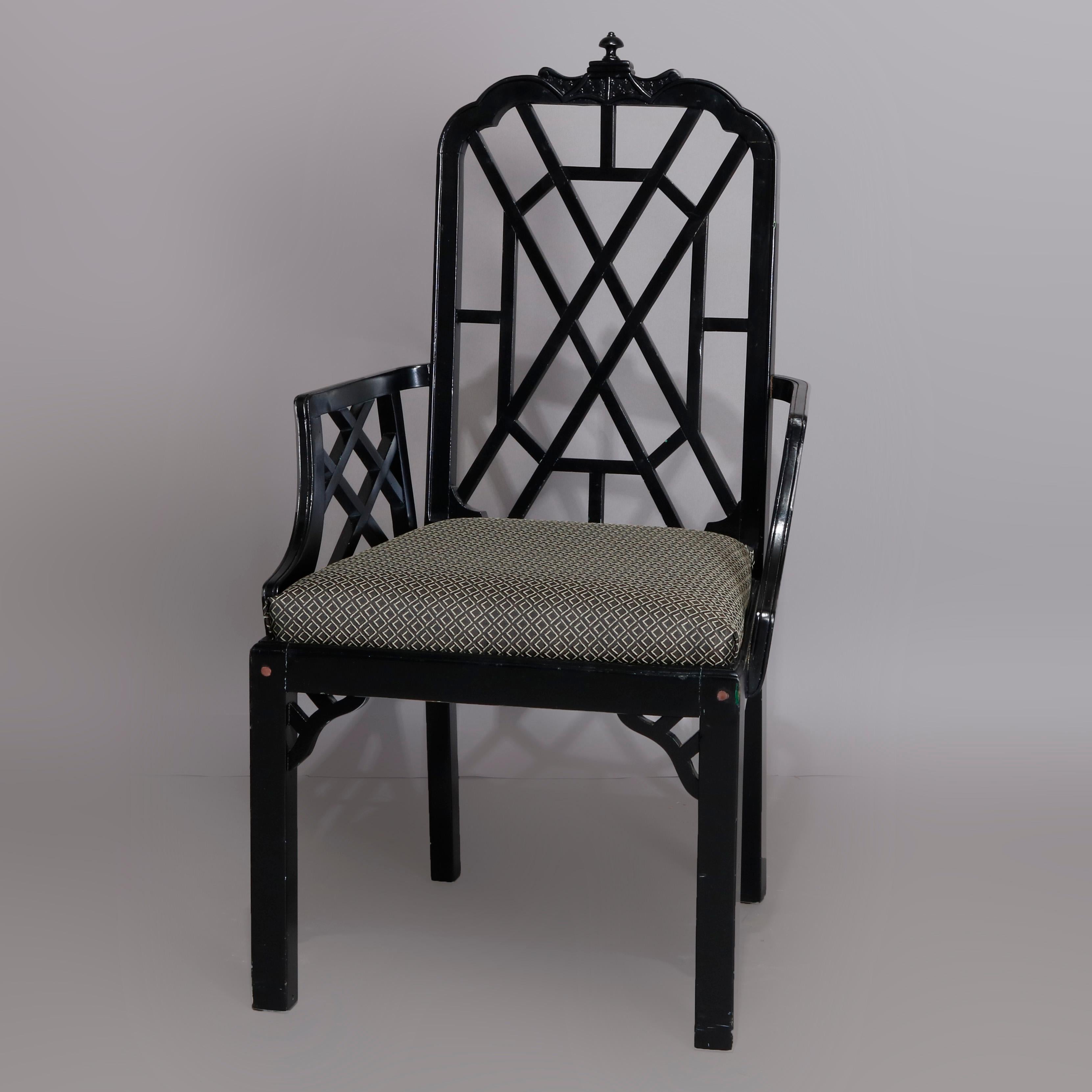 A vintage set of 6 Chinese Chippendale dining chairs offer frames having ebonized finish in stylized bamboo form with upholstered seats and raised on straight and square legs having pierced corbels, c1930

***DELIVERY NOTICE – Due to COVID-19 we are