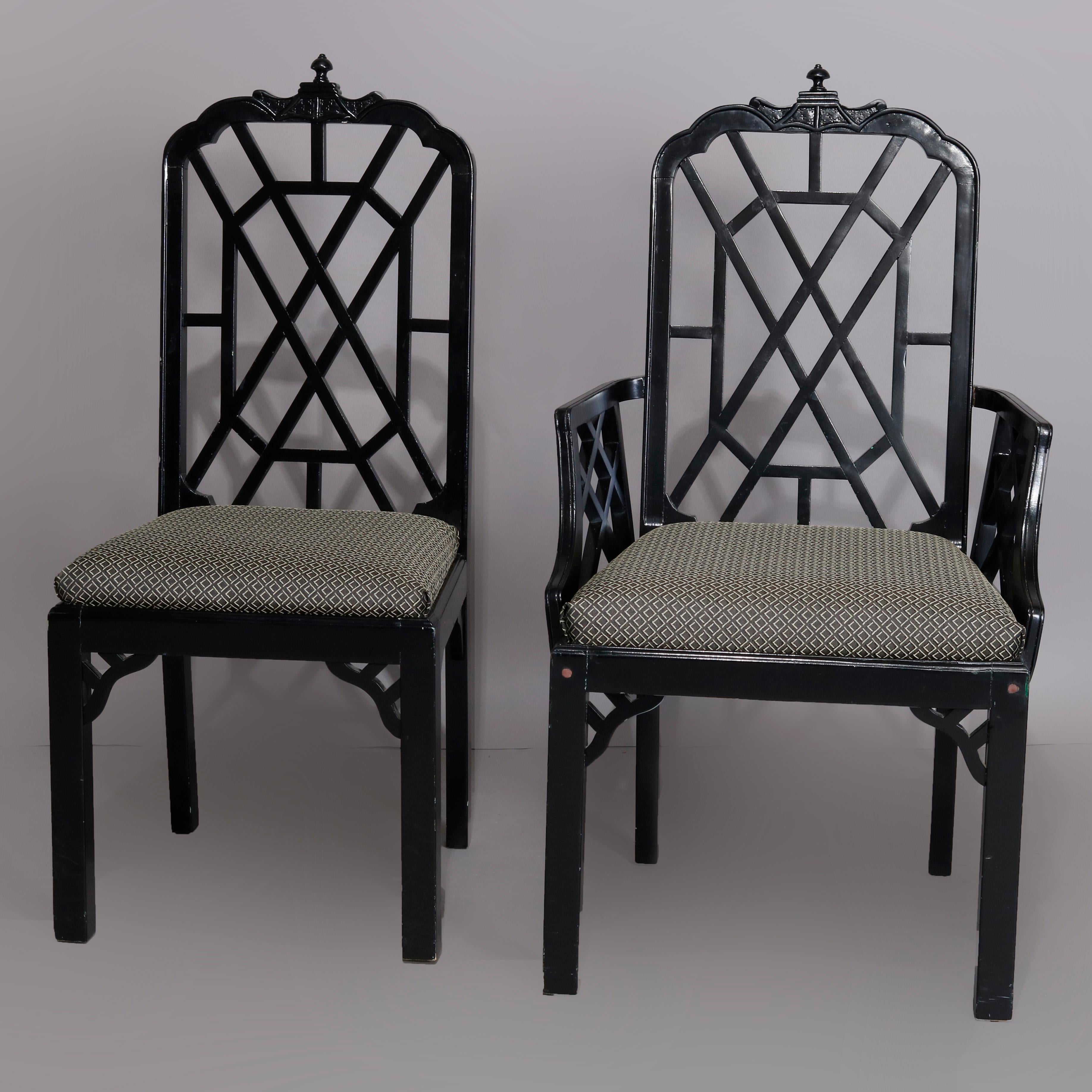 European Six Vintage Ebonized Chinese Chippendale Stylized Bamboo Dining Chairs