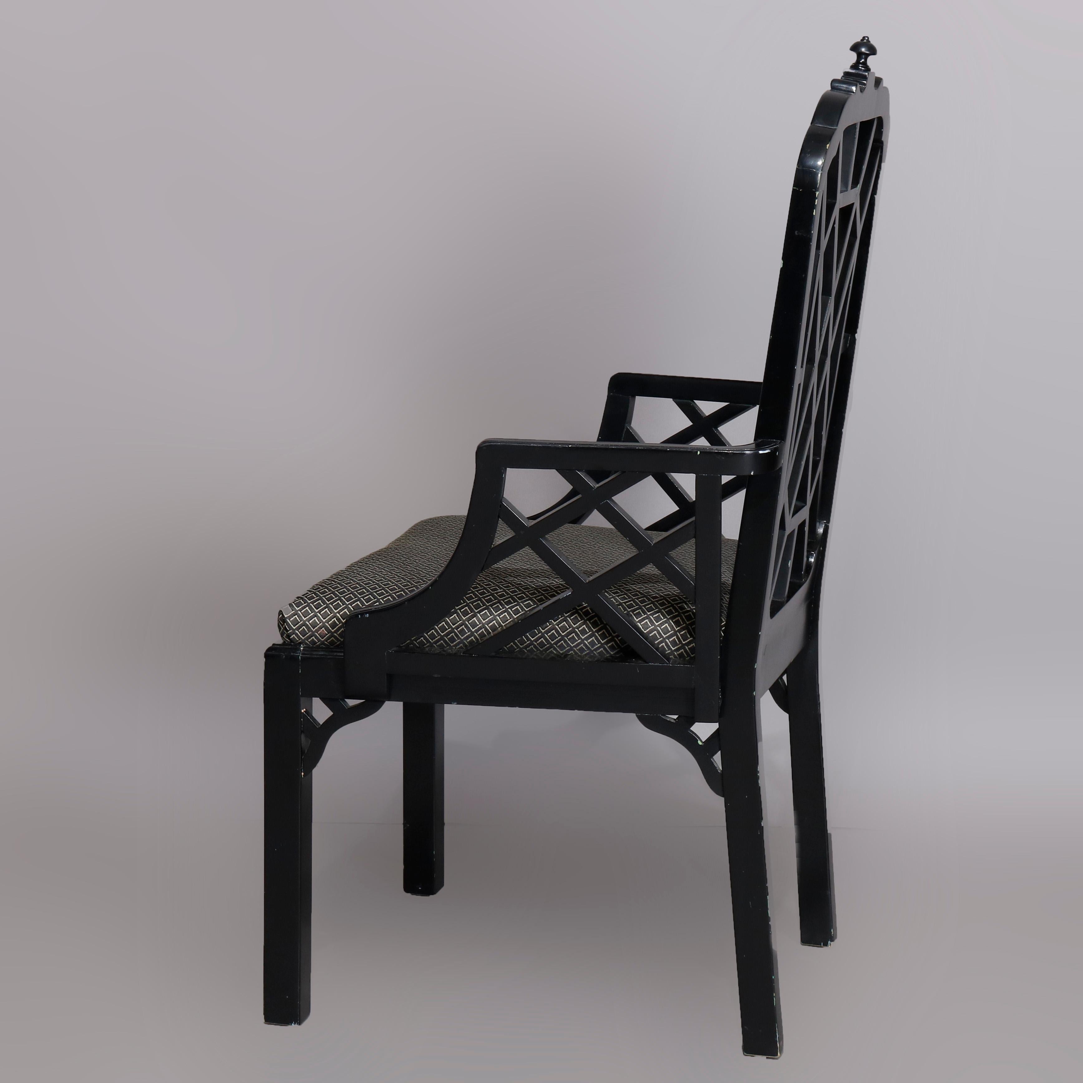 Upholstery Six Vintage Ebonized Chinese Chippendale Stylized Bamboo Dining Chairs